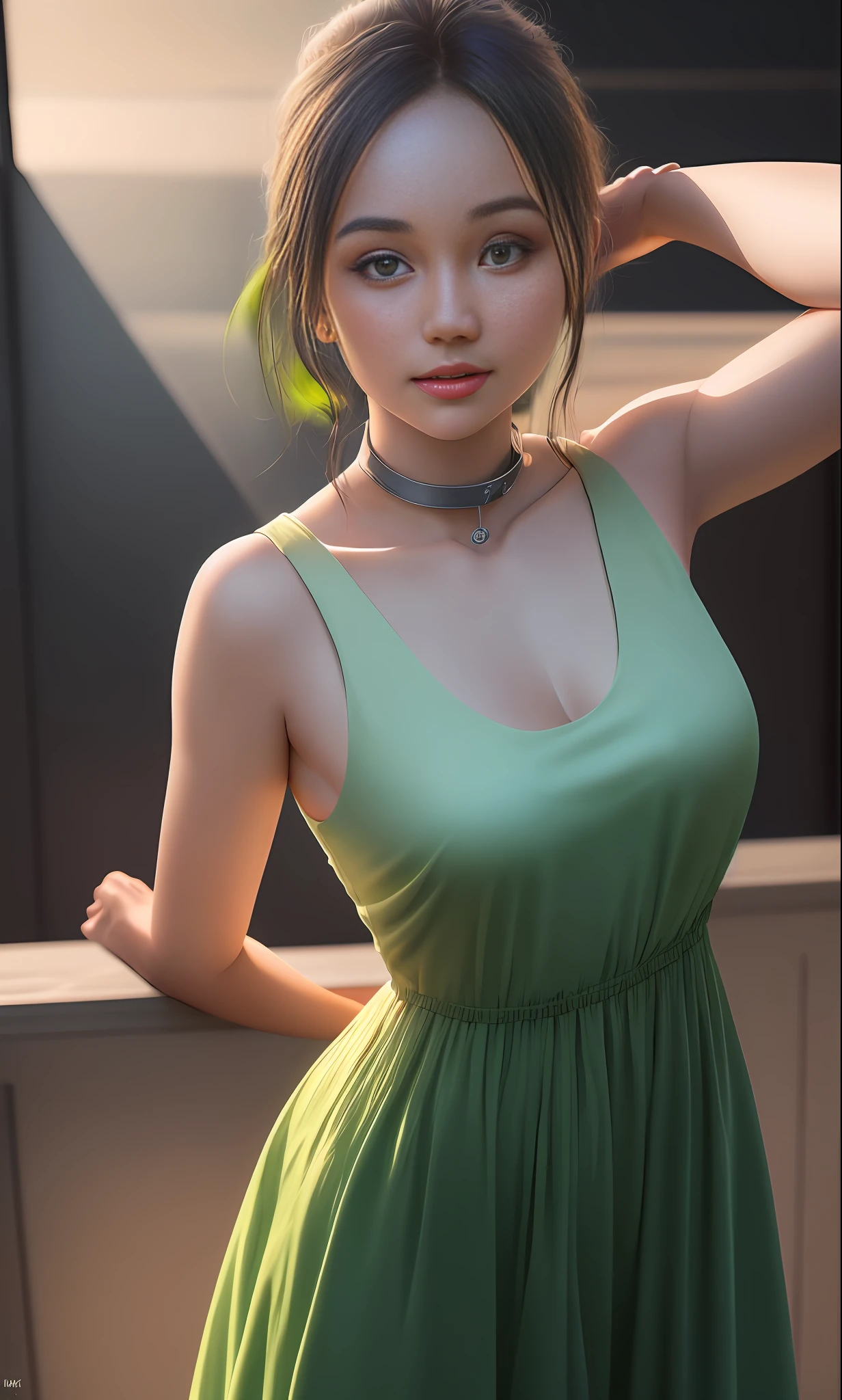 luminism, head-to-shoulder portrait of a Cute student model, ((long green dress)), smooth soft skin, symmetrical, natural skin texture, illuminated by neon as the only light source, wearing a white tank top with a collar, a detailed face, photorealism, soft pastel colors sparkling, looking into the camera, blue iris, photorealistic painting, sharp focus, 8k, perfect composition, trending on artstation, award-winning photograph, unreal engine 5, cinematic smooth, intricate detail, studio photo, highly detailed. simple background.