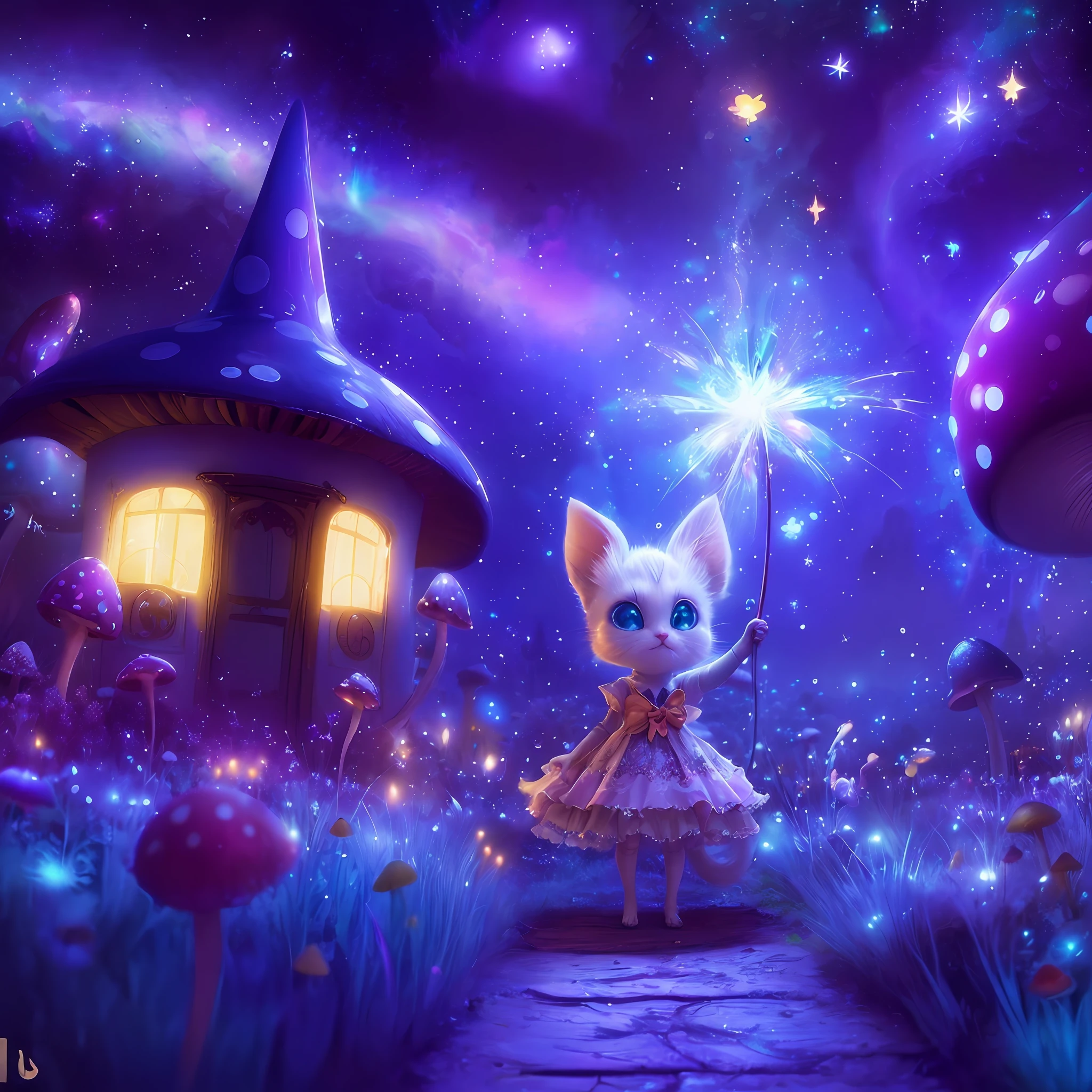 High definition, high definition, 1girl, cartoon cat in fairy dress with wand in mushroom field, Beeple and Jeremiah Kettner, adorable digital painting, lost in dreamy fairy landscape, cute detailed digital art , fantasy matte paint, cute, concept art magic highlight, magic world. Colorful and cute digital art, fairy atmosphere, dreamy digital painting, so magical and dreamy