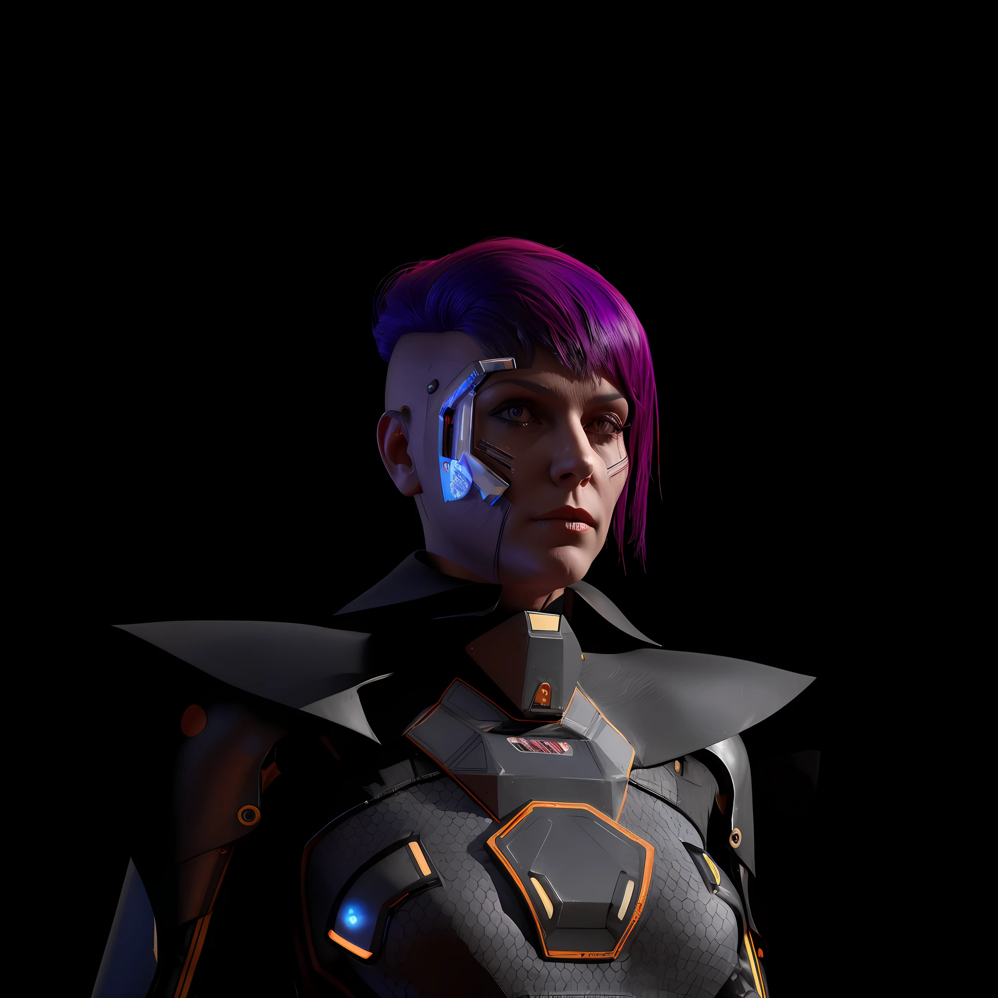 Woman with purple hair and futuristic suit, sci-fi female character, sci-fi female portrait, cyberpunk cyborg portrait, sci-fi character, sci-fi character, dystopian sci-fi character, space cyborg portrait, cyberpunk character, robot portrait, sci-fi robot female, female robot portrait, sci-fi character render, Rajoy funko realistic 3d render --q 5 --ar 1:1