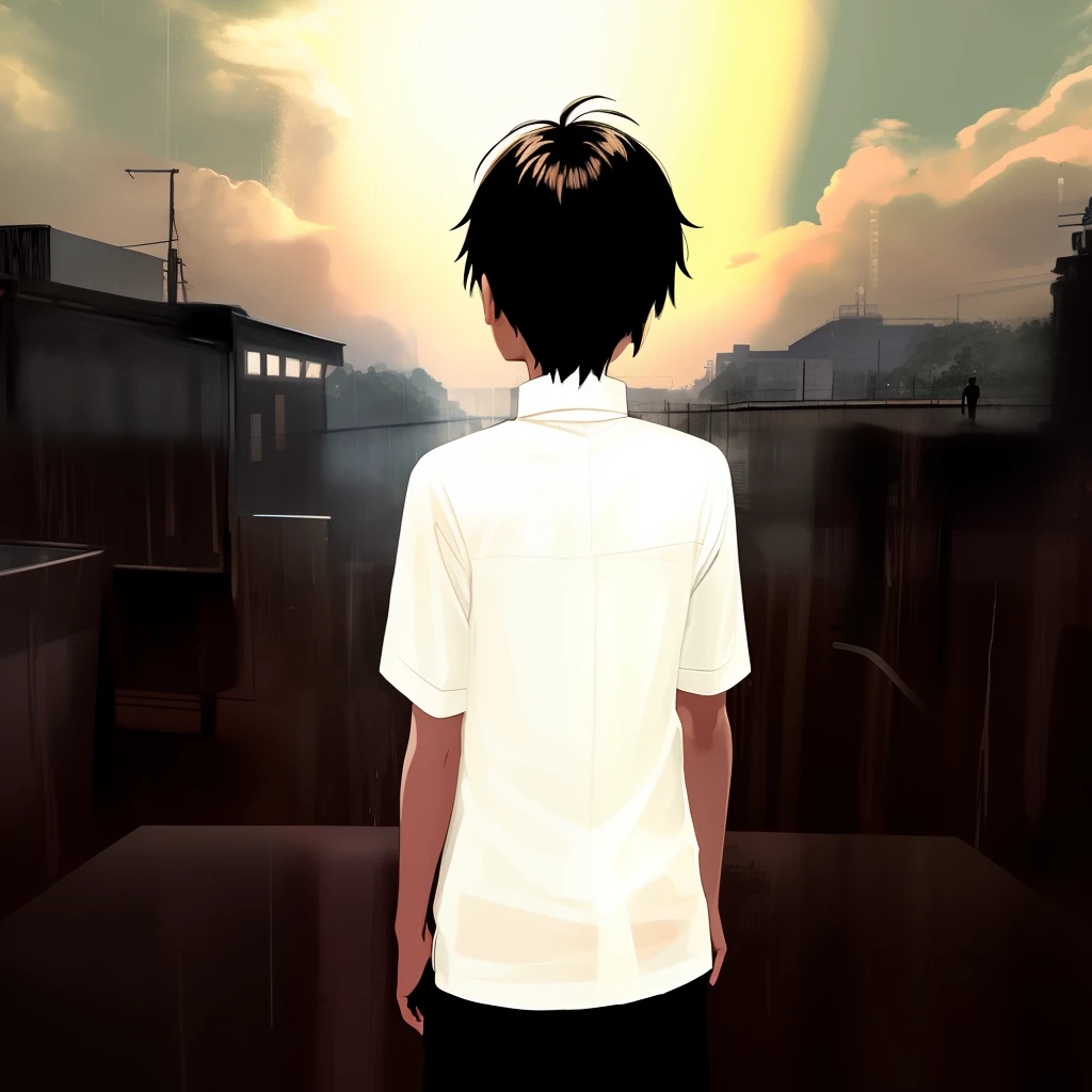 A young boy is standing in rain. His shirt’s colour is Black. The view is from back side. The picture should be in anime form.