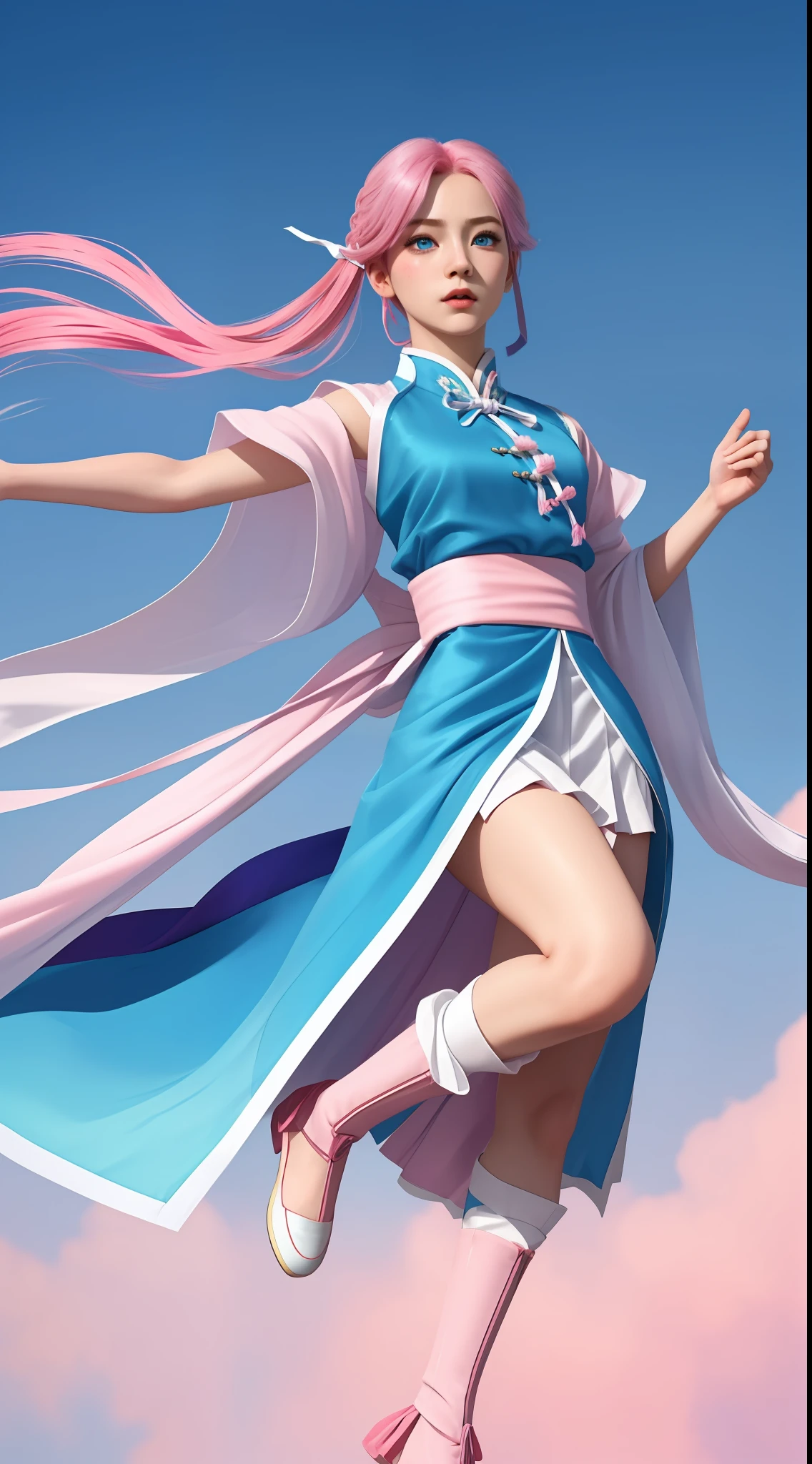 (Excellent picture quality, best quality, colorful, super high detail), (floating levitation, high resolution), (dynamic angle, dynamic pose), (1 girl), blue eyes, pink hair, blue hair, ( Gradient hair: 1.2 times), (white wuxia clothes, neck ribbon, beautiful face).