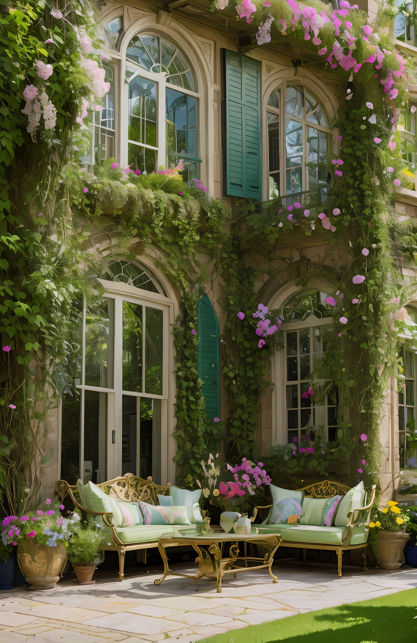 Architectural Digest photo of a maximalist green {vaporwave/steampunk/solarpunk} ((outside of a classic house ))with large arched windows,with flowers and plants, golden light, hyperrealistic surrealism, award-winning masterpiece with incredible detail, breathtaking epic