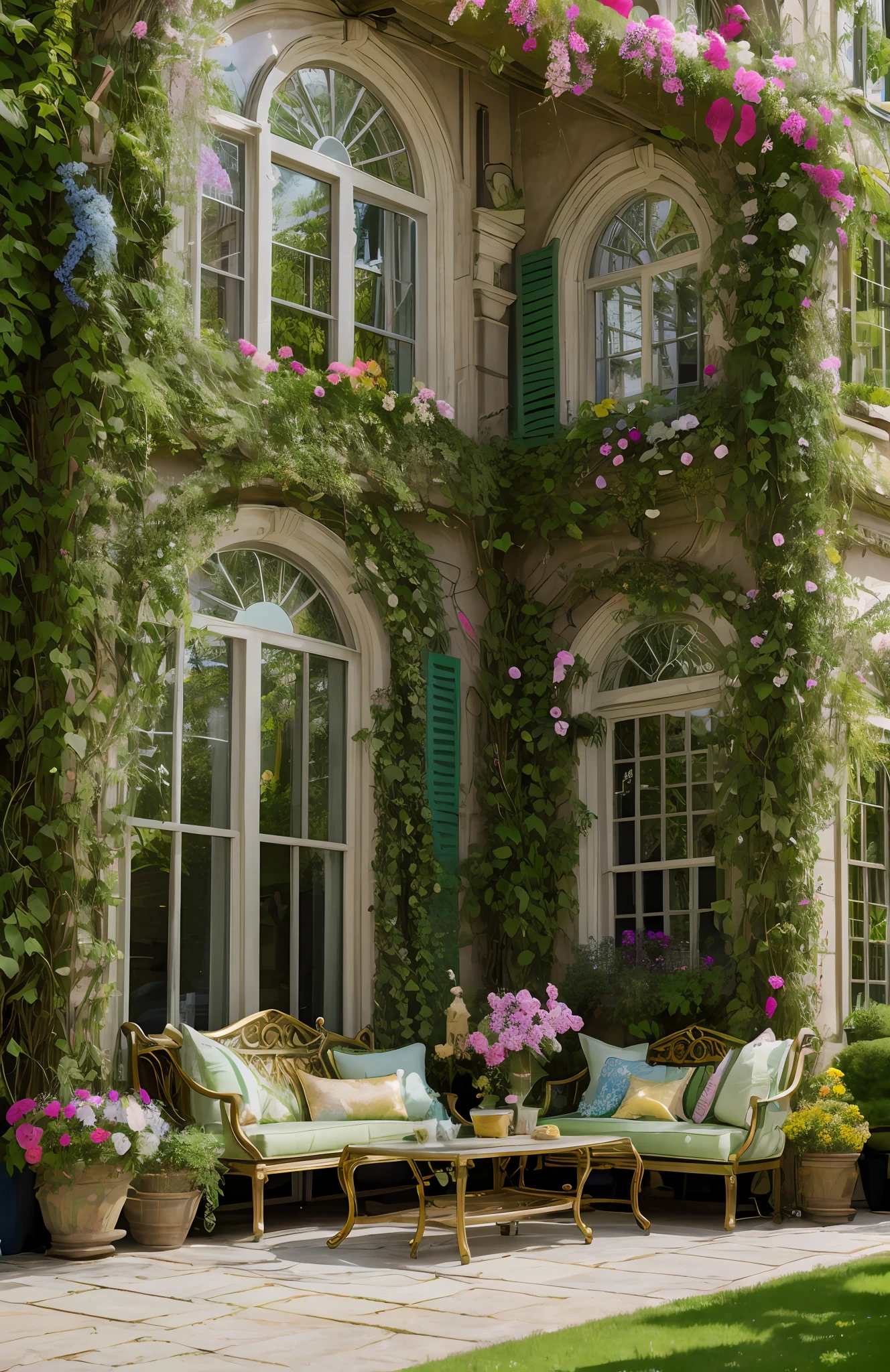 Architectural Digest photo of a maximalist green {vaporwave/steampunk/solarpunk} ((outside of a classic house ))with large arched windows,with flowers and plants, golden light, hyperrealistic surrealism, award-winning masterpiece with incredible detail, breathtaking epic