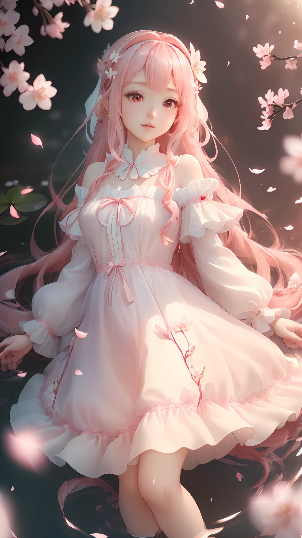 (extremely detailed CG unity 8k wallpaper)(best quality)(best illumination)(an extremely delicate and beautiful)(floating)(gorgeous)(spring vibe)(1girl)(long pink hair),(hairband),(detailed and beautiful red eyes),(white dress),(cherry blossom petals),(dof),(volumetric light)