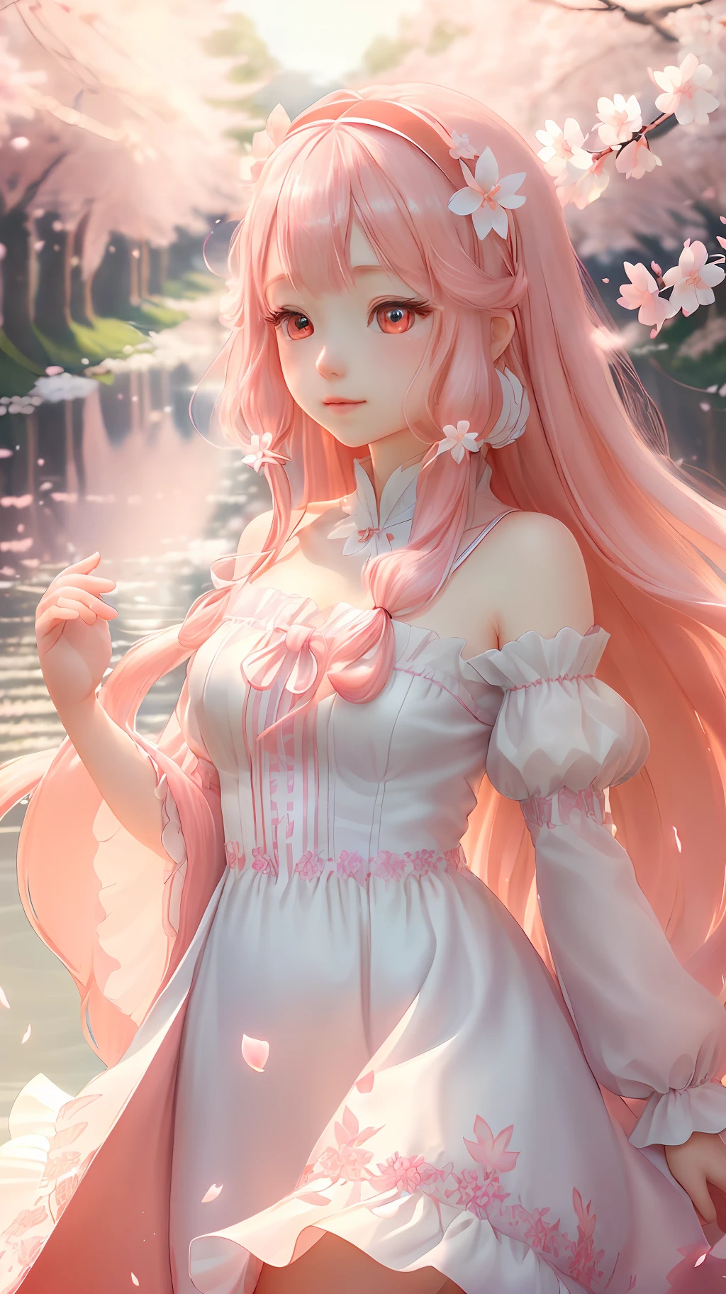(extremely detailed CG unity 8k wallpaper)(best quality)(best illumination)(an extremely delicate and beautiful)(floating)(gorgeous)(spring vibe)(1girl)(long pink hair),(hairband),(detailed and beautiful red eyes),(white dress),(cherry blossom petals),(dof),(volumetric light)