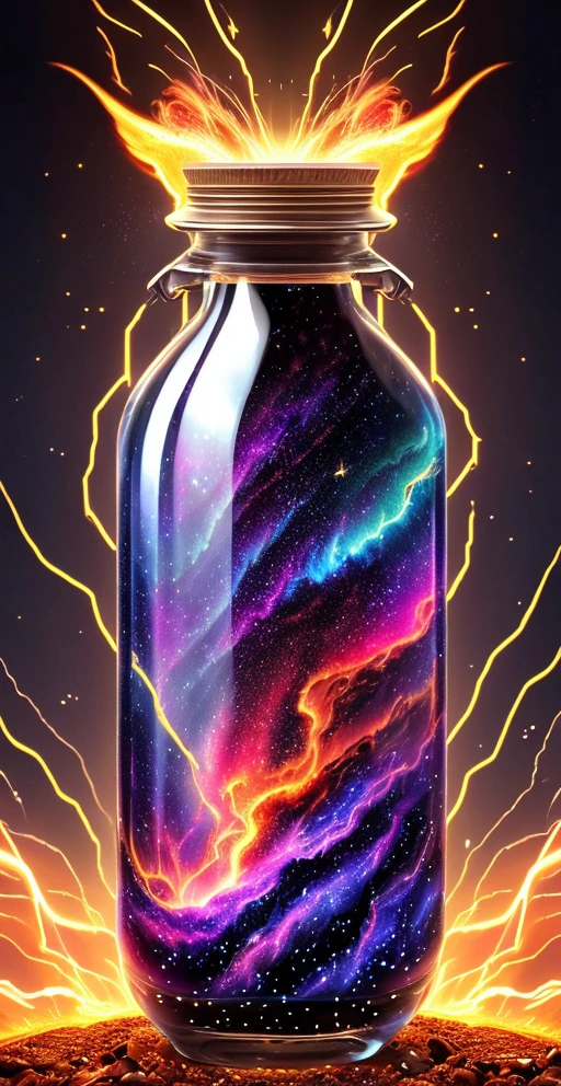 Galaxy inside a glass bottle, nebula of fire & lightning!! intricately detailed deep color maximalism hyperrealism impressionism mannerism surrealism digital art masterpiece long exposure 62K UHD trending on the news Unreal Engine 5 complex dystopian elemental fire firey fire meticulous thunderstorm vapor dark horror fantasy digital illustration maximalist. explosion !!!!energy drink of stars and incredible speeds