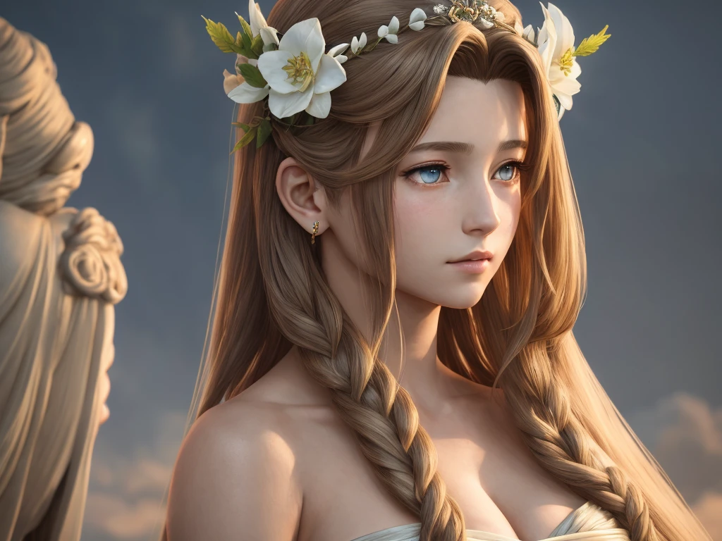 Aerith Gainsborough as Greek goddess Aphrodite, portrait, realistic, moody, atmospheric, full body and face --beta --ar 9:16 --upbeta --upbeta