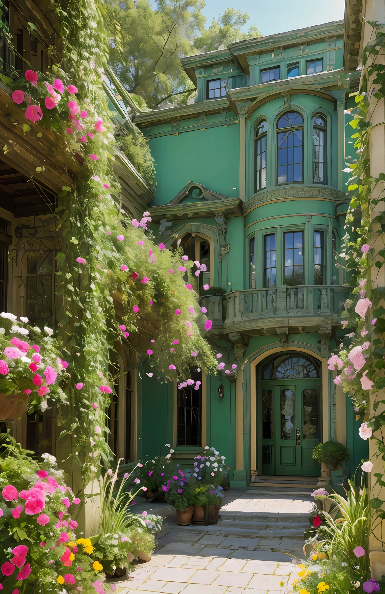 Architectural Digest photo of a maximalist green {vaporwave/steampunk/solarpunk} ((outside of a classic house )) with large arched windows, with flowers and plants, golden light, hyperrealistic surrealism, award-winning masterpiece with incredible detail, breathtaking epic