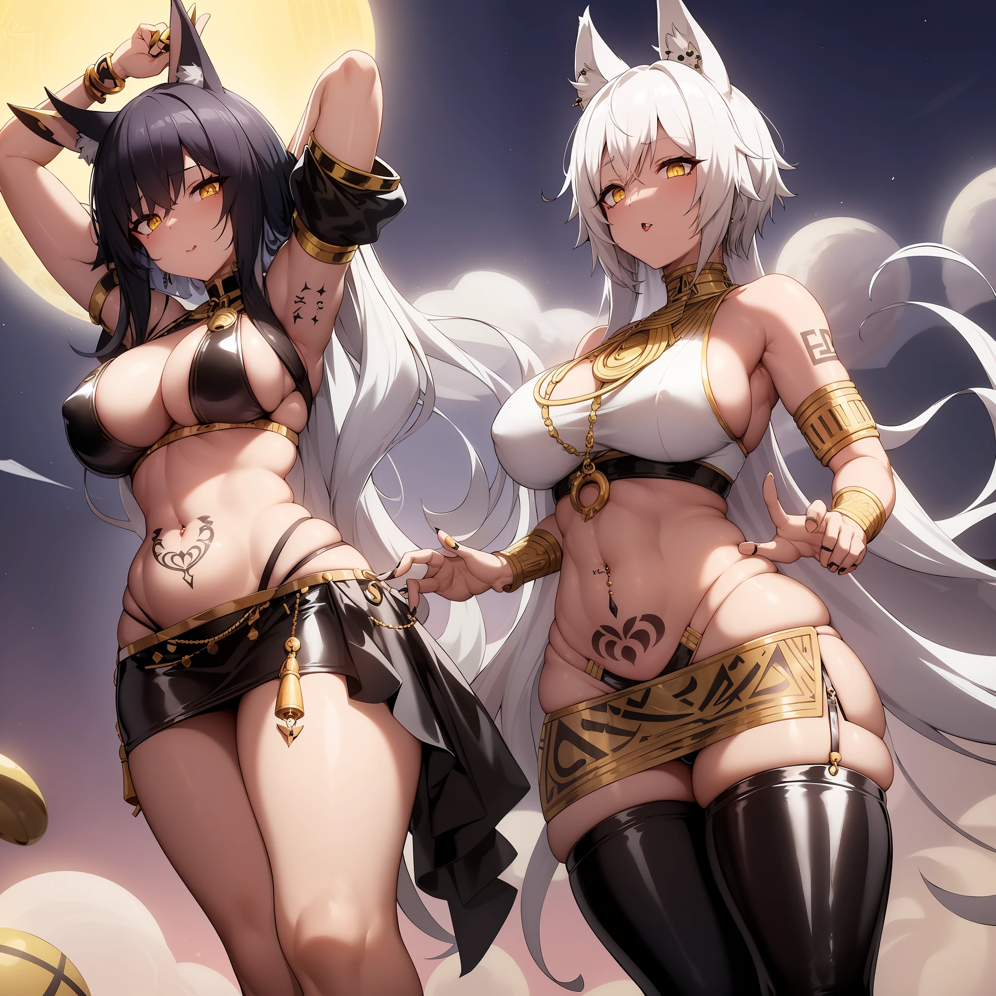 a thicc muscular egyptian style white messy short hair Woman with Wolf ears yellow eyes and wearing latex mini skirt showing belly sixpack with tattoos and piercings with hands behind head moon in the sky
