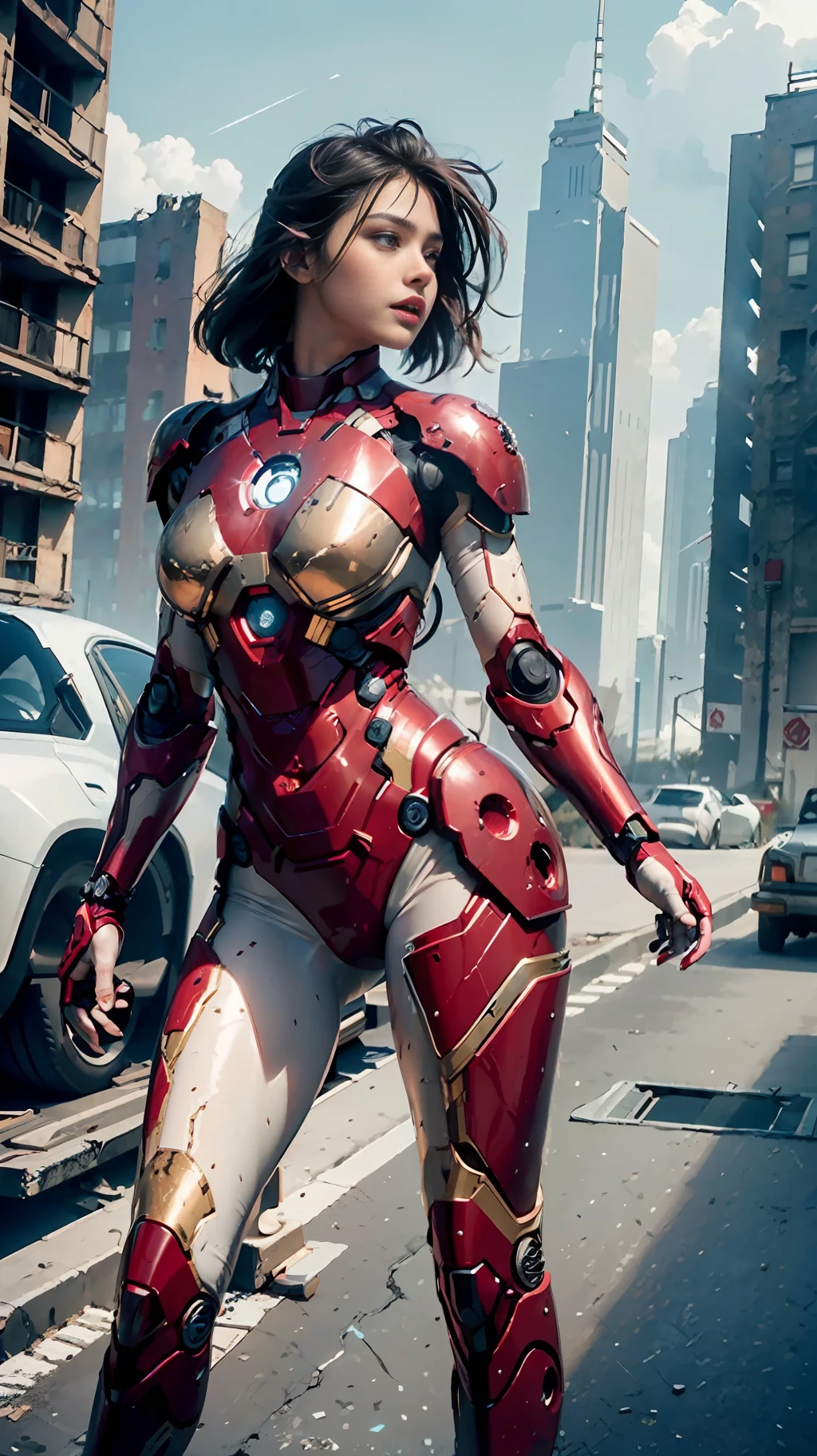 RAW, Masterpiece, Ultra Fine Photo,, Best Quality, Ultra High Resolution, Photorealistic, Sunlight, Full Body Portrait, Stunningly Beautiful,, Dynamic Poses, Delicate Face, Vibrant Eyes, (Side View) , she is wearing a futuristic Iron Man mech, red and gold color scheme, highly detailed abandoned warehouse background, detailed face, detailed and complex busy background, messy, gorgeous, milky white, high detailed skin, realistic skin details, visible pores , sharp focus, volumetric fog, 8k uhd, dslr camera, high quality, film grain, fair skin, photorealism, lomography, sprawling metropolis in futuristic dystopia, view from below, translucent