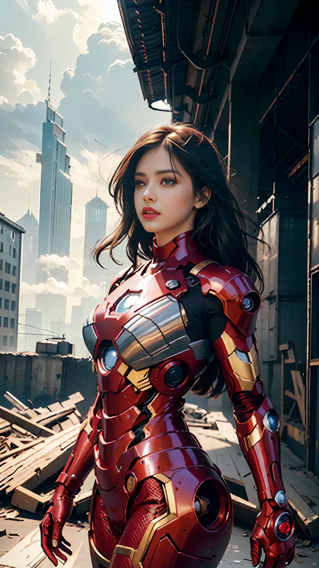 RAW, Masterpiece, Ultra Fine Photo,, Best Quality, Ultra High Resolution, Photorealistic, Sunlight, Full Body Portrait, Stunningly Beautiful,, Dynamic Poses, Delicate Face, Vibrant Eyes, (Side View) , she is wearing a futuristic Iron Man mech, red and gold color scheme, highly detailed abandoned warehouse background, detailed face, detailed and complex busy background, messy, gorgeous, milky white, high detailed skin, realistic skin details, visible pores , sharp focus, volumetric fog, 8k uhd, dslr camera, high quality, film grain, fair skin, photorealism, lomography, sprawling metropolis in futuristic dystopia, view from below, translucent