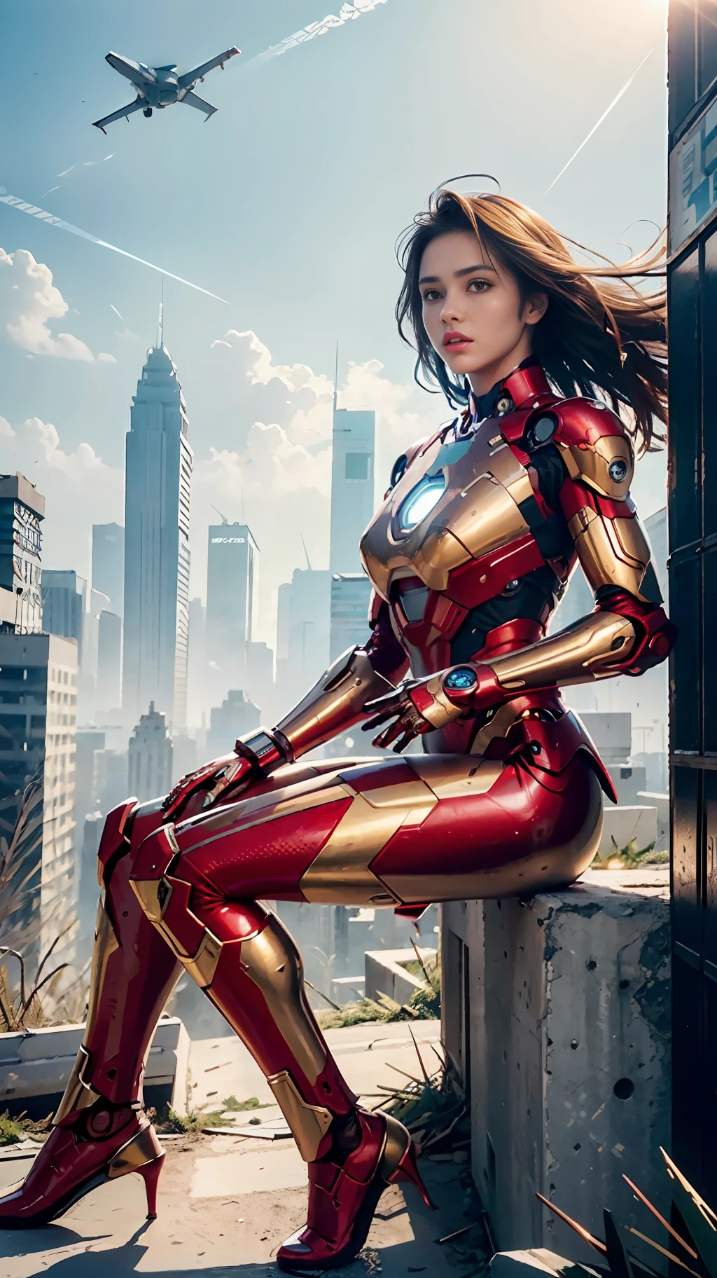 RAW, Masterpiece, Ultra Fine Photo,, Best Quality, Ultra High Resolution, Photorealistic, Sunlight, Full Body Portrait, Stunningly Beautiful,, Dynamic Poses, Delicate Face, Vibrant Eyes, (Side View) , she is wearing a futuristic Iron Man mech, red and gold color scheme, highly detailed abandoned warehouse background, detailed face, detailed and complex busy background, messy, gorgeous, milky white, high detailed skin, realistic skin details, visible pores , sharp focus, volumetric fog, 8k uhd, dslr camera, high quality, film grain, fair skin, photorealism, lomography, sprawling metropolis in futuristic dystopia, view from below, translucent