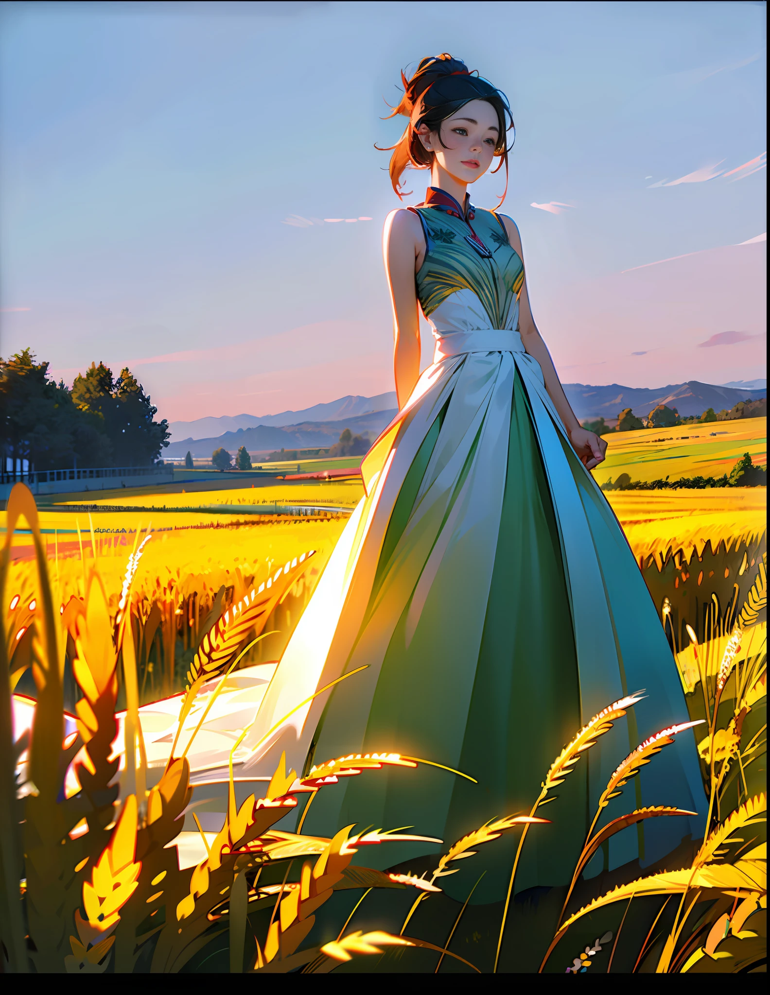 (8k, RAW photo, best quality, mastery:1.2), (realistic, photo-realistic:1.37), 1girl, a young Asian woman, wearing a white sundress, standing in a green wheat field, professional lighting,