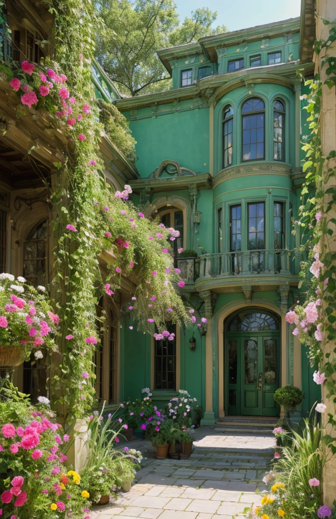 Architectural Digest photo of a maximalist green {vaporwave/steampunk/solarpunk} ((outside of a classic house )) with large arched windows, with White walls,with flowers and plants, golden light, hyperrealistic surrealism, award-winning masterpiece with incredible detail, breathtaking epic