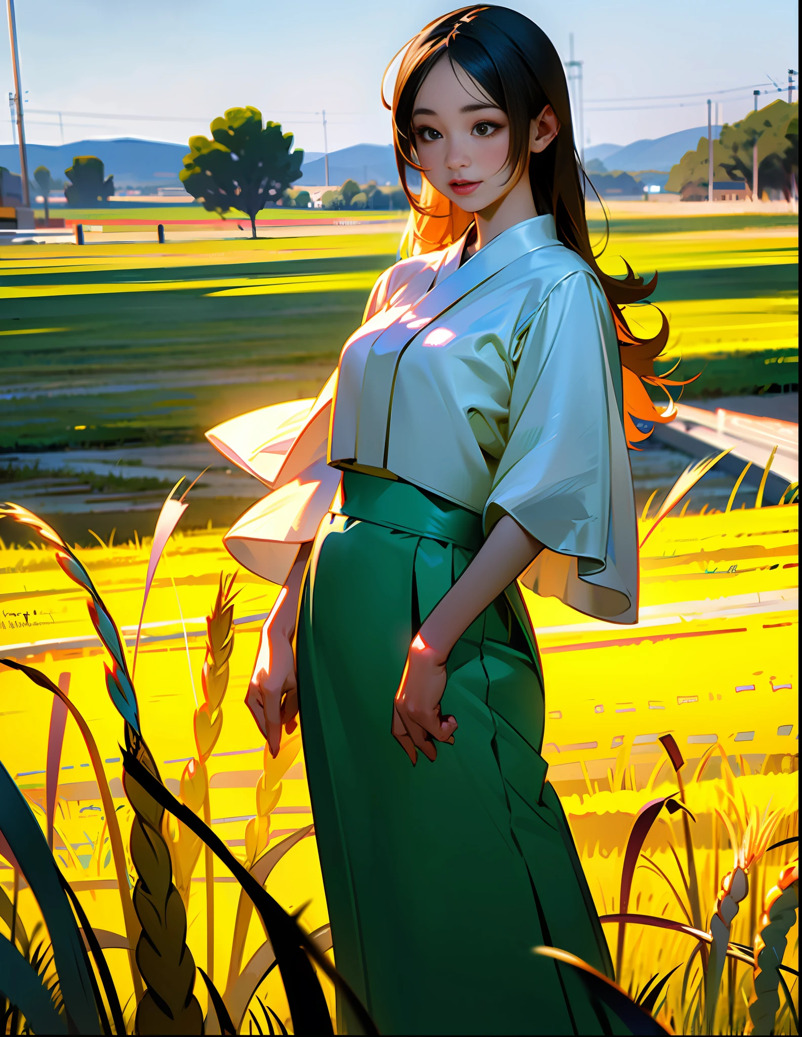 (8k, RAW photo, best quality, mastery:1.2), (realistic, photo-realistic:1.37), 1girl, a young Asian woman, wearing a white sundress, standing in a green wheat field, professional lighting,