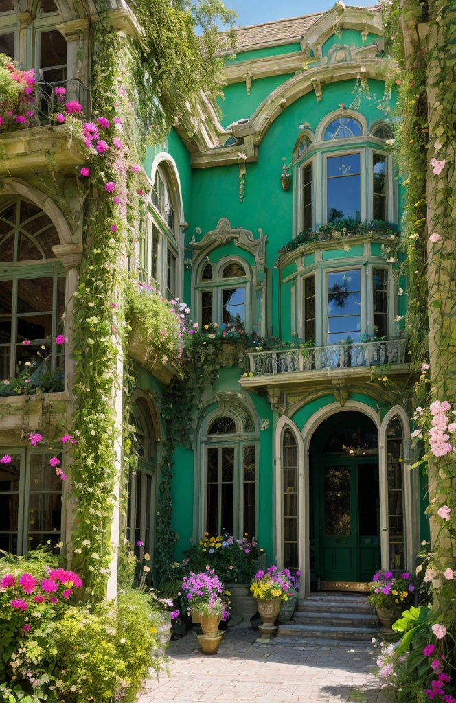 Architectural Digest photo of a maximalist green {vaporwave/steampunk/solarpunk} ((outside of a classic house )) with large arched windows, with flowers and plants, golden light, hyperrealistic surrealism, award-winning masterpiece with incredible detail, breathtaking epic