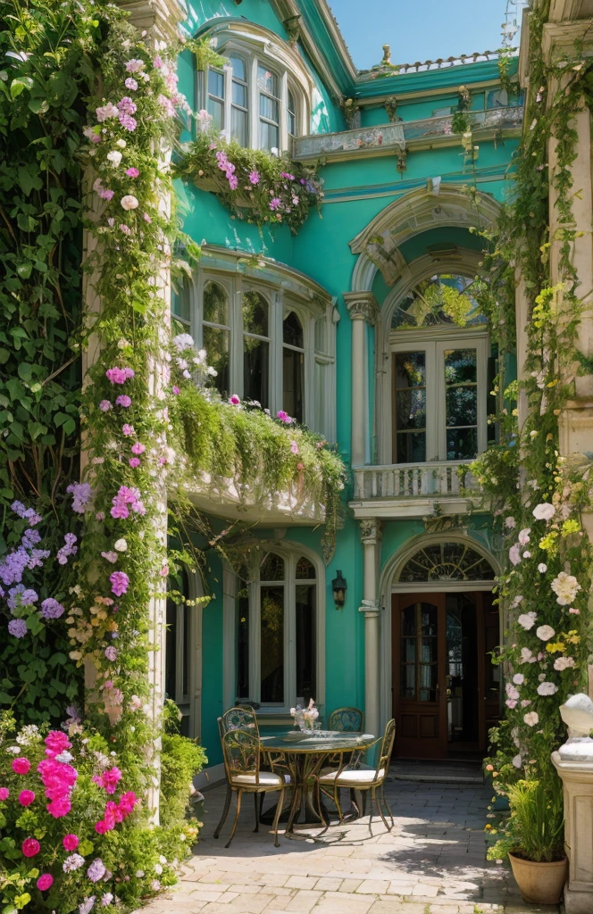Architectural Digest photo of a maximalist green {vaporwave/steampunk/solarpunk} ((outside of a classic house )) with large arched windows, with White walls,with flowers and plants, golden light, hyperrealistic surrealism, award-winning masterpiece with incredible detail, breathtaking epic