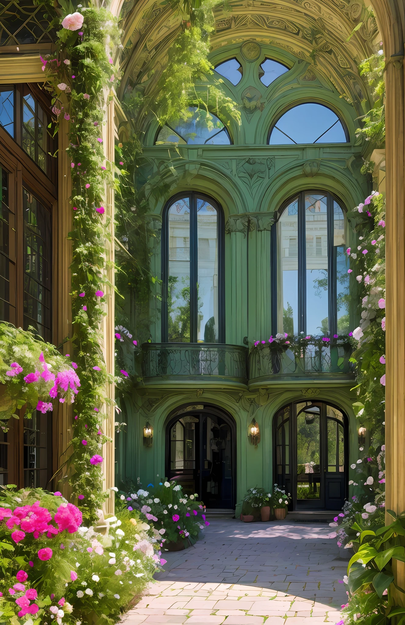 Architectural Digest photo of a maximalist green {vaporwave/steampunk/solarpunk} ((outside of a classic house )) with large arched windows, with flowers and plants, golden light, hyperrealistic surrealism, award-winning masterpiece with incredible detail, breathtaking epic