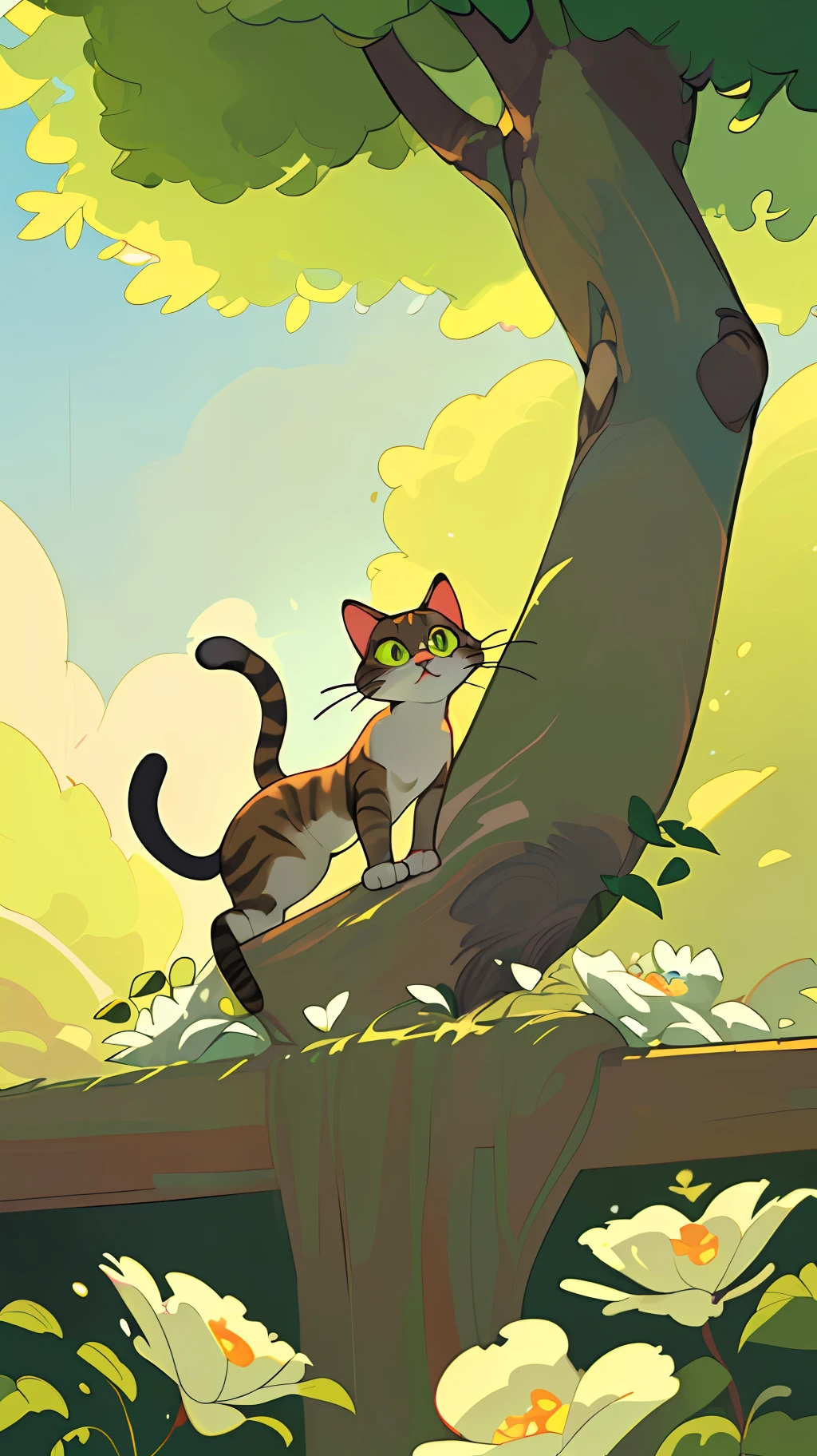 extremely detailed CG unity 8k wallpaper, masterpiece, best quality, ultra-detailed, best illustration, a beautiful painting of a cat in a dynamic pose, with wide-open bright eyes, luxurious fur, and exquisite details. The cat is sitting in a lush, green garden with magnificent flowers, some of which are colorfully scattered around the cat, while others are crisp and clear in the background. The sun is shining brightly, casting a soft, warm light on the cat's fur and the surrounding flowers and trees,Pixar style