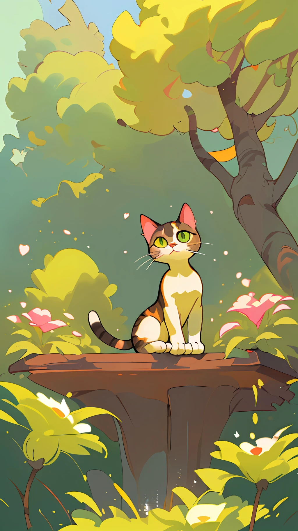 extremely detailed CG unity 8k wallpaper, masterpiece, best quality, ultra-detailed, best illustration, a beautiful painting of a cat in a dynamic pose, with wide-open bright eyes, luxurious fur, and exquisite details. The cat is sitting in a lush, green garden with magnificent flowers, some of which are colorfully scattered around the cat, while others are crisp and clear in the background. The sun is shining brightly, casting a soft, warm light on the cat's fur and the surrounding flowers and trees,Pixar style