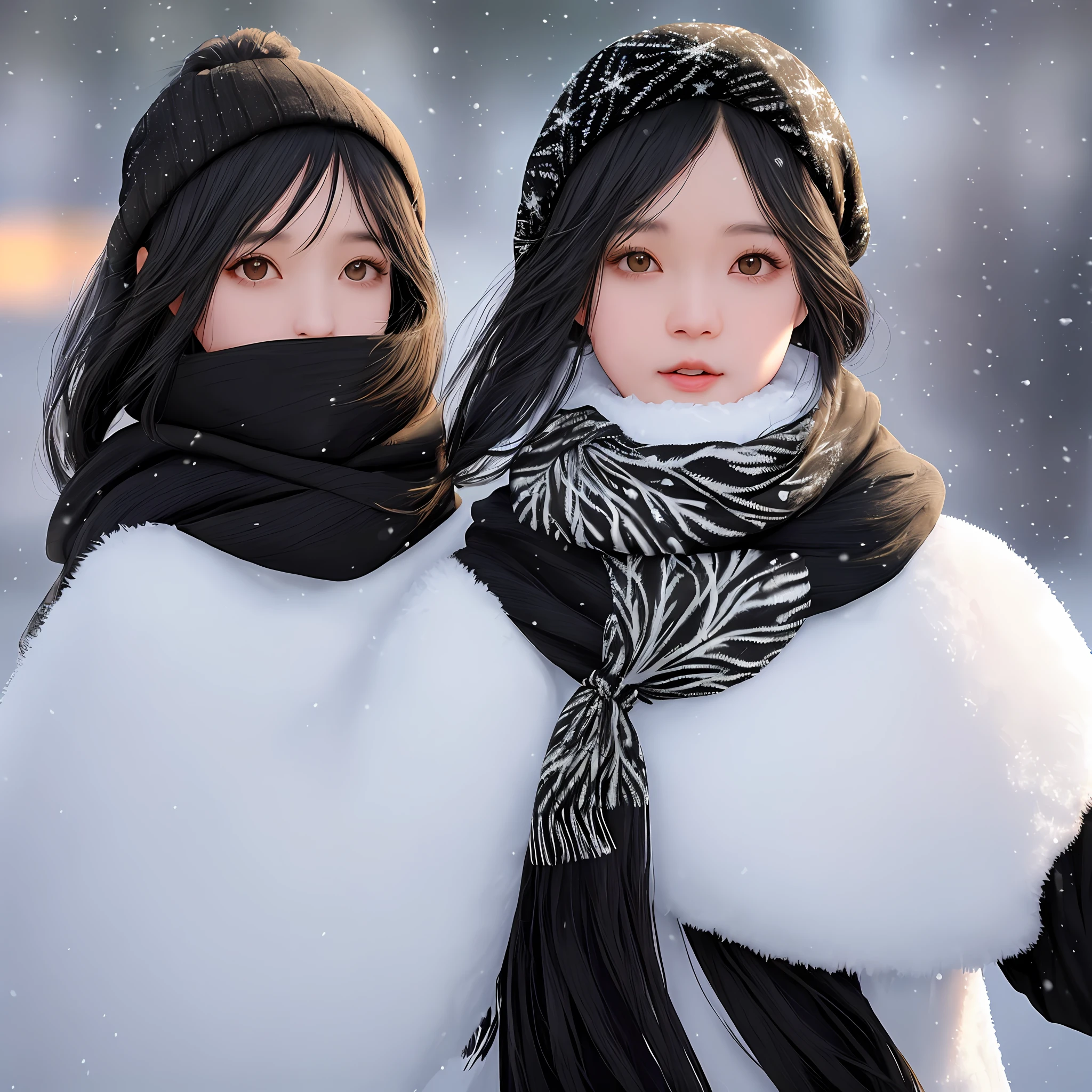 A woman with black hair, black clothes, black scarf, black hoodie and black and white background, (1girl:0.872), (black hair:0.758), (blurry:0.926), (blurry background:0.703) , (brown eyes: 0.562), (Depth of Field: 0.625), (Long Hair: 0.855), (Outdoor: 0.541), (Scarf: 0.989), (Snow: 0.925), (Single: 0.886), (Upper Body: 0.683)