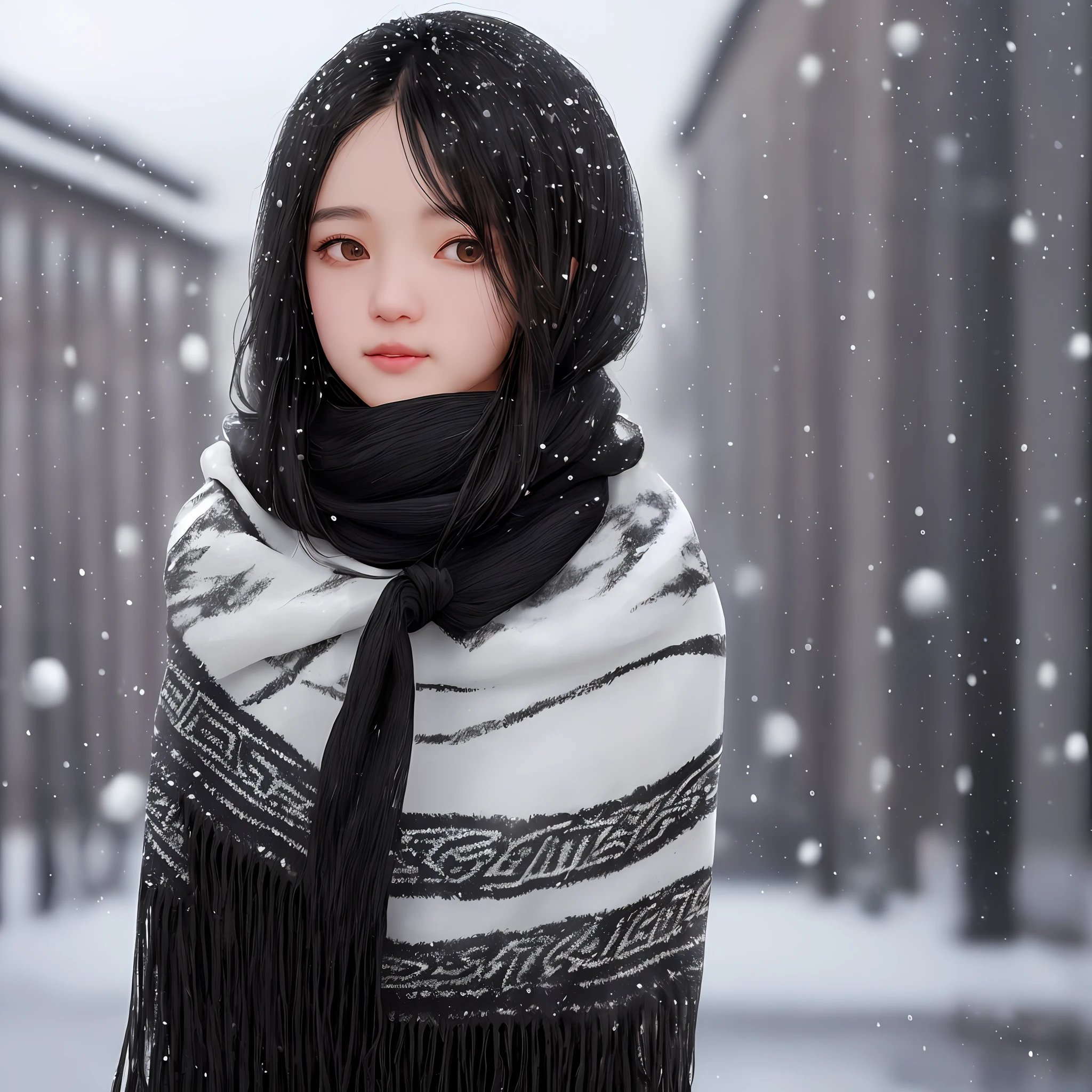 A woman with black hair, black clothes, black scarf, black hoodie and black and white background, (1girl:0.872), (black hair:0.758), (blurry:0.926), (blurry background:0.703) , (brown eyes: 0.562), (Depth of Field: 0.625), (Long Hair: 0.855), (Outdoor: 0.541), (Scarf: 0.989), (Snow: 0.925), (Single: 0.886), (Upper Body: 0.683)