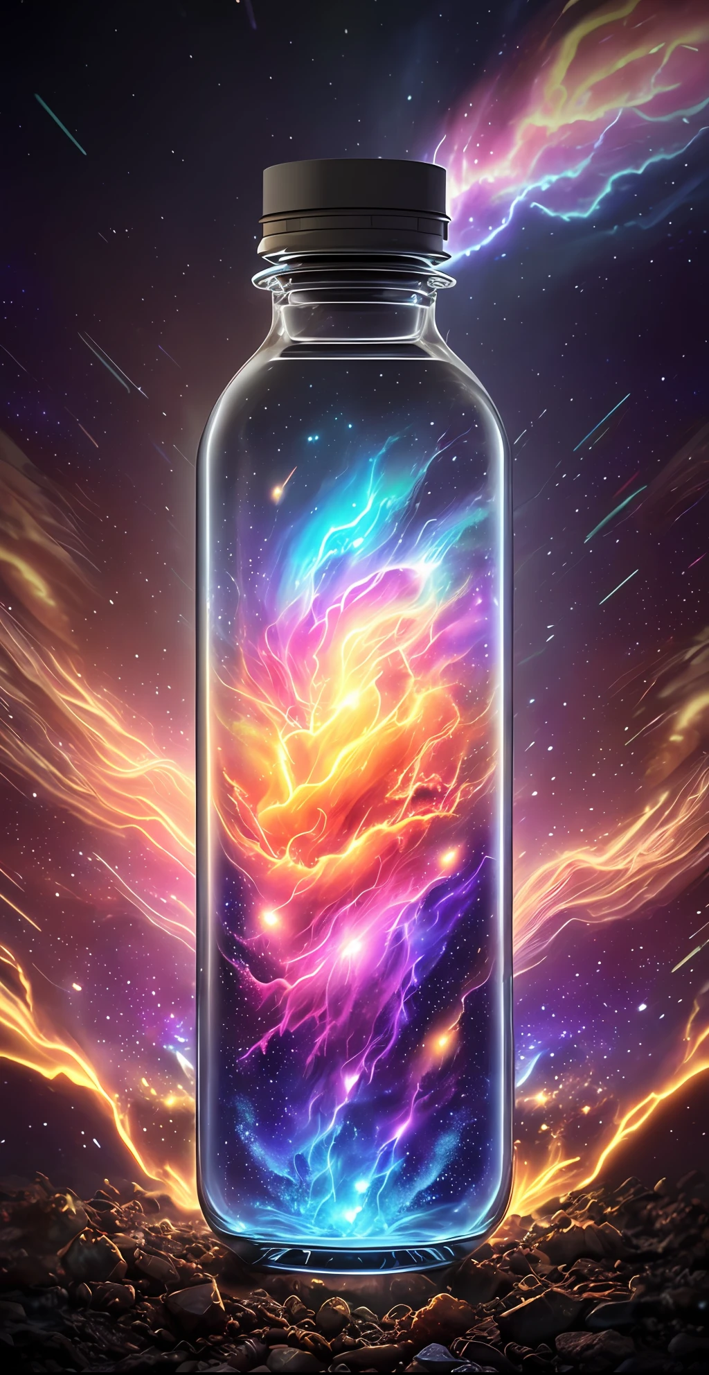 Galaxy inside a glass bottle, nebula of fire & lightning!! intricately detailed deep color maximalism hyperrealism impressionism mannerism surrealism digital art masterpiece long exposure 62K UHD trending on the news Unreal Engine 5 complex dystopian elemental fire firey fire meticulous thunderstorm vapor dark horror fantasy digital illustration maximalist. explosion !!!!energy drink of stars and incredible speeds