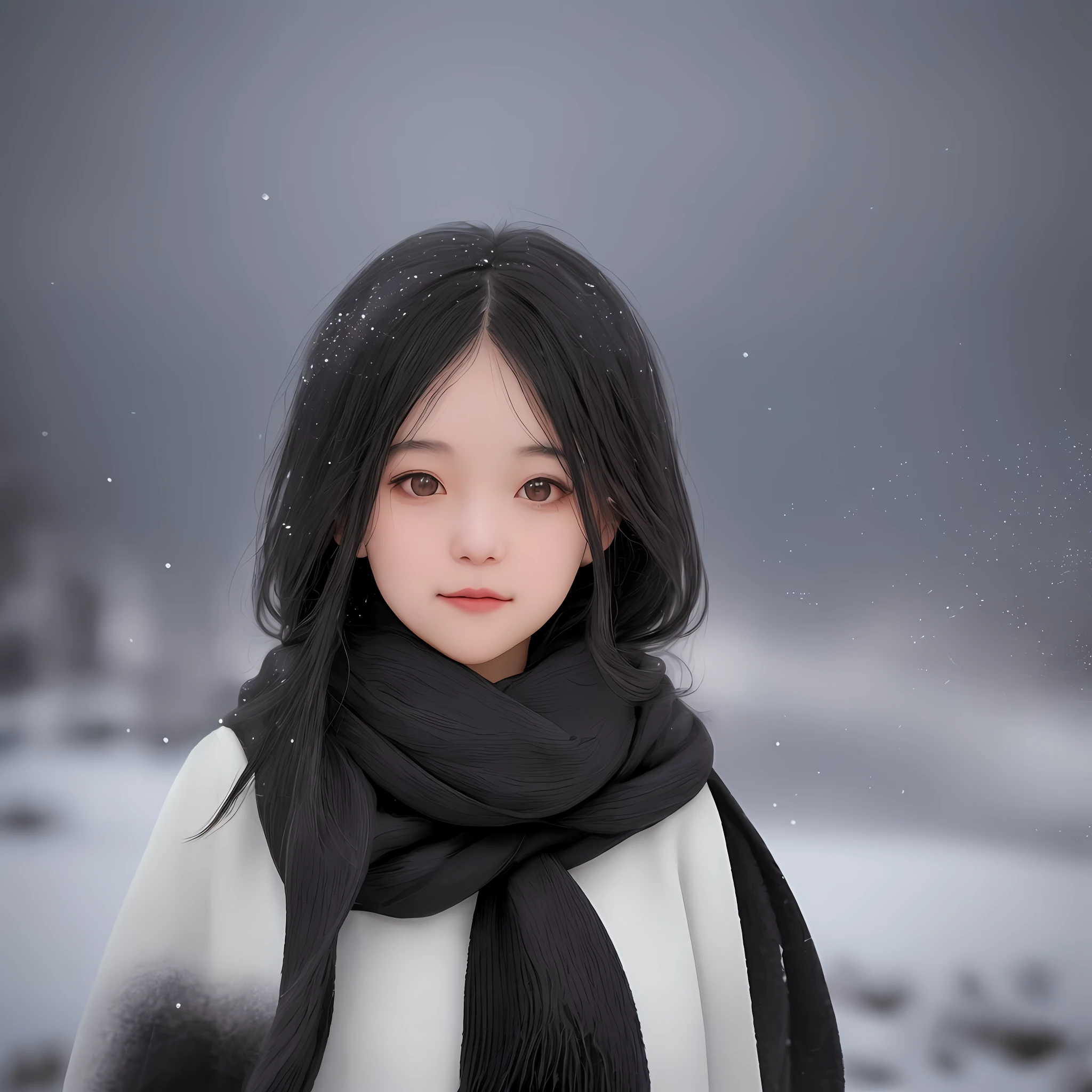 A woman with black hair, black clothes, black scarf, black hoodie and black and white background, (1girl:0.872), (black hair:0.758), (blurry:0.926), (blurry background:0.703) , (brown eyes: 0.562), (Depth of Field: 0.625), (Long Hair: 0.855), (Outdoor: 0.541), (Scarf: 0.989), (Snow: 0.925), (Single: 0.886), (Upper Body: 0.683)
