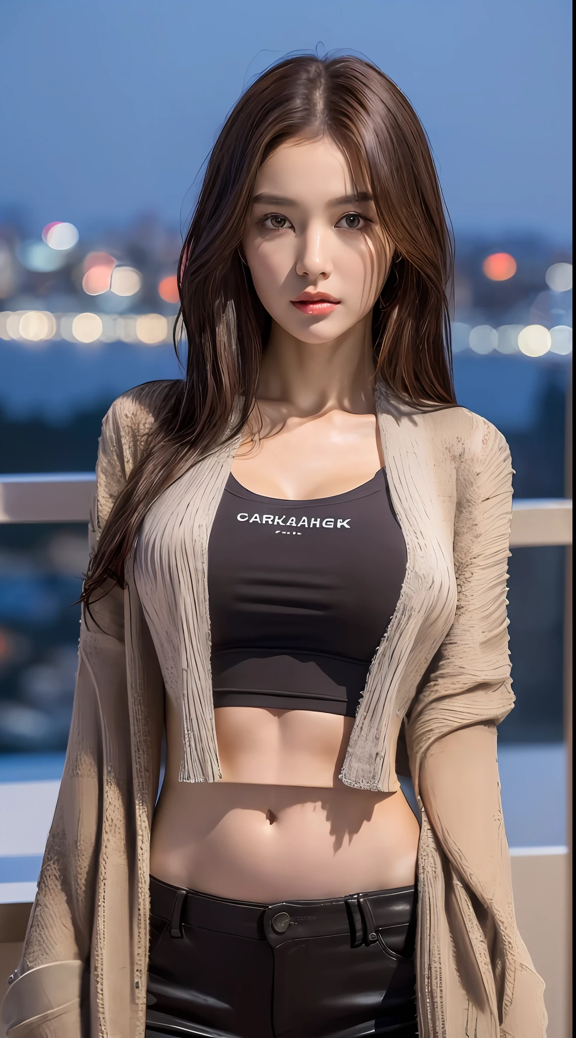 ((Best quality, 8k, Masterpiece :1.3)), Whole body, Sharp focus :1.2, A pretty woman with perfect figure :1.4, Slender abs :1.2, ((Dark brown hair, Big breasts :1.2)), (((Cardigan over crop top tshirt))), (Standing :1.2), (Night city view :1.1), Highly detailed face and skin texture, Detailed eyes, Double eyelid