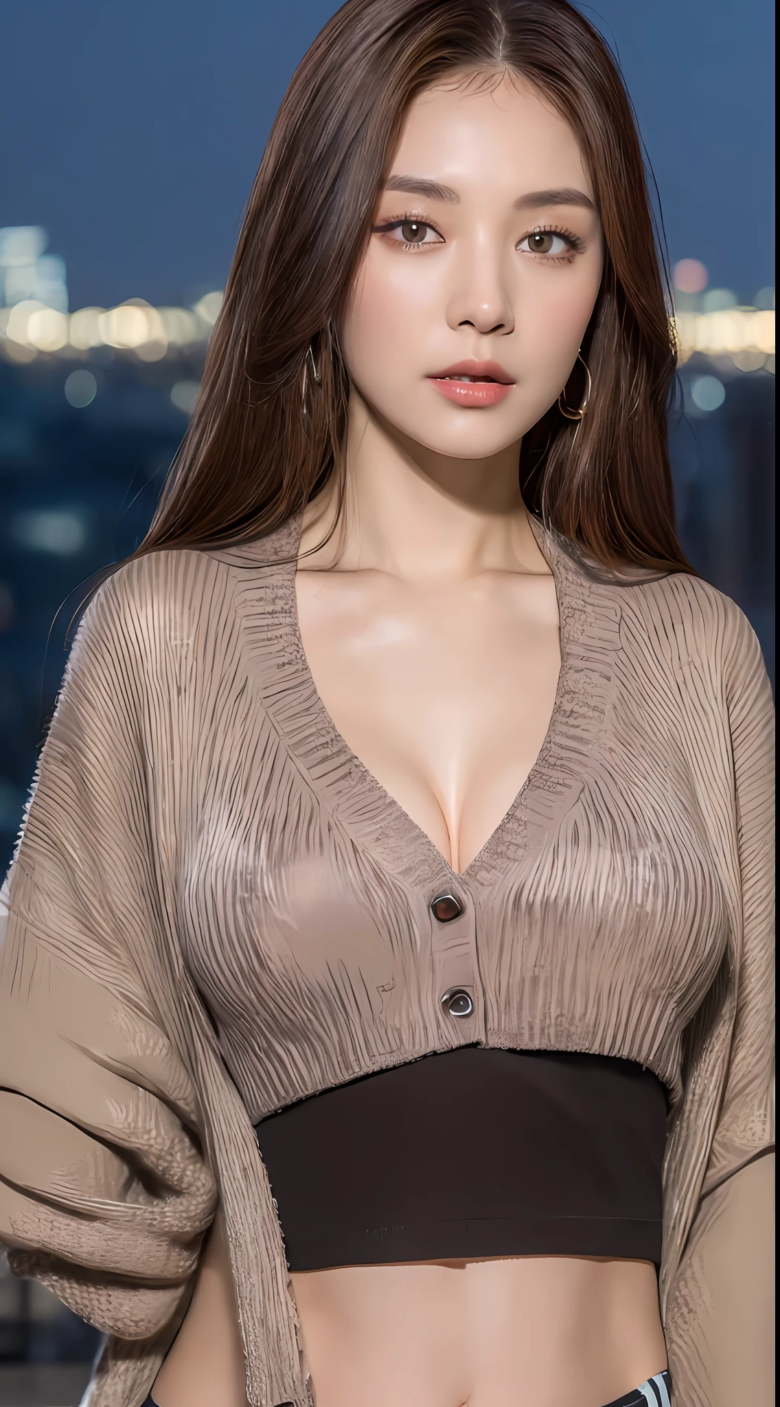 ((Best quality, 8k, Masterpiece :1.3)), Whole body, Sharp focus :1.2, A pretty woman with perfect figure :1.4, Slender abs :1.2, ((Dark brown hair,  :1.2)), (((Cardigan over crop top tshirt))), (Standing :1.2), (Night city view :1.1), Highly detailed face and skin texture, Detailed eyes, Double eyelid