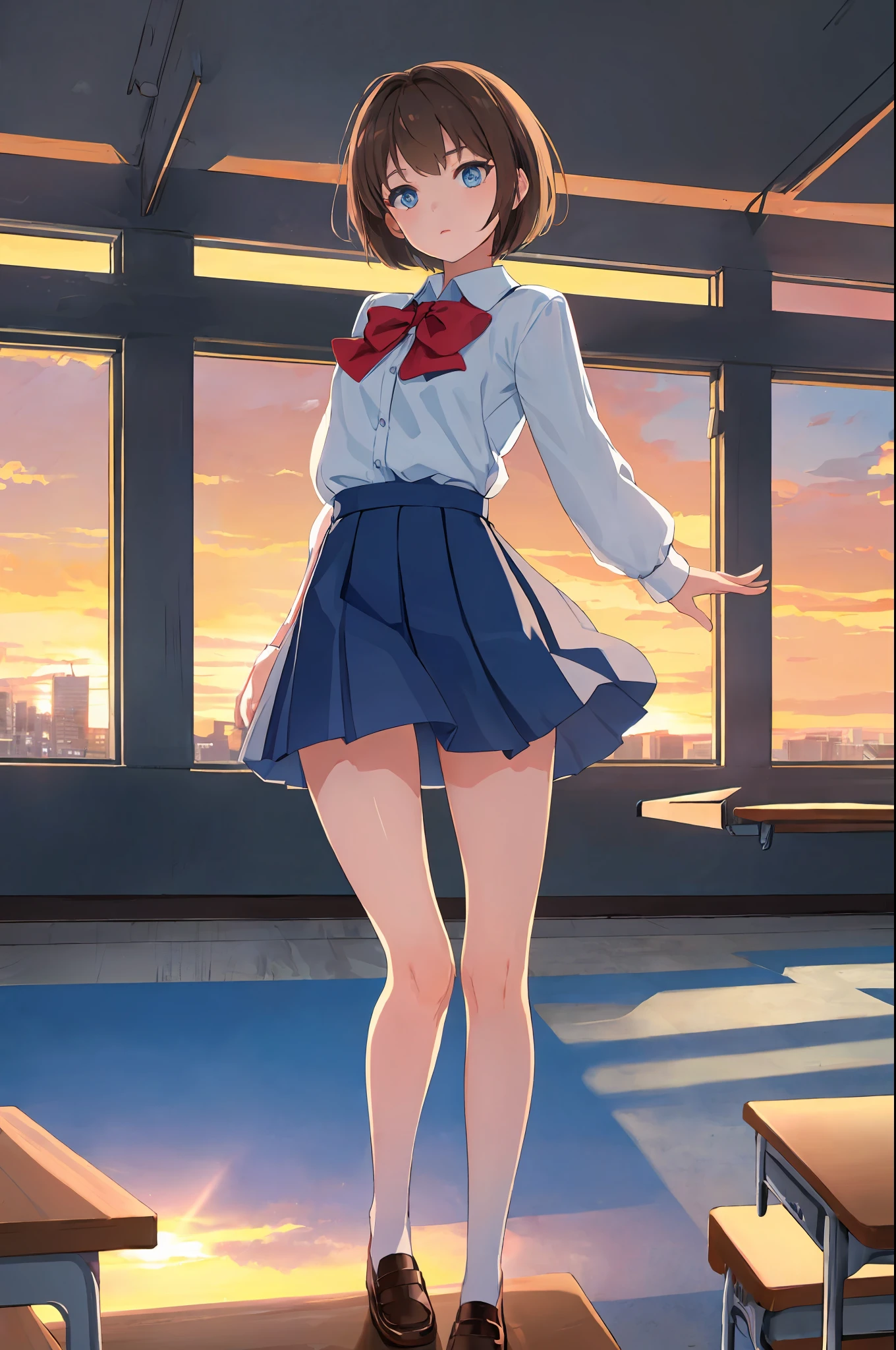 One woman, photo quality, 8K CG, perfect and beautiful face, 18 years old, classroom, perfect and beautiful legs, very precise and beautiful blue eyes, short hair, looking backwards over shoulder, sunset, blue girl School uniform, arms folded behind, very precise and perfect fingers, both arms in the correct position, very short skirt, light wind, brown hair, angle from below