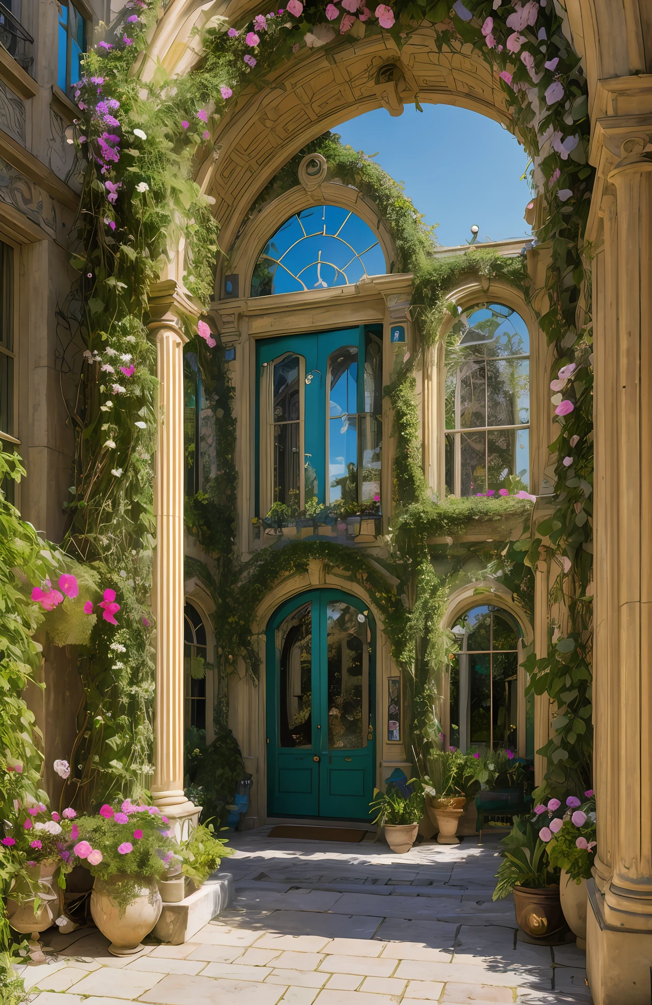 Architectural Digest photo of a maximalist green {vaporwave/steampunk/solarpunk} ((outside of a classic house )) with large arched windows, with flowers and plants, golden light, hyperrealistic surrealism, award-winning masterpiece with incredible detail, breathtaking epic