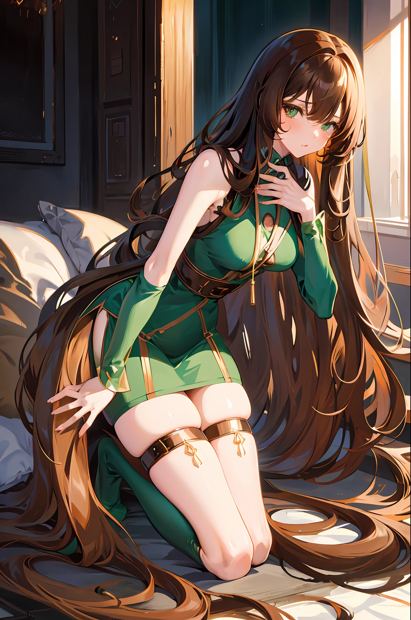 Tall, Slim, Anime, Girl, Anime Girl, One Girl, Brown Hair, Long Hair, Curly Hair, Brown Long Hair, Brown Curly Hair, Long Curly Hair, Short Dress, Naughty, Stockings, Moaning, Kneeling, Sexy, sexy pose, green dress, forest, best quality, best drawing