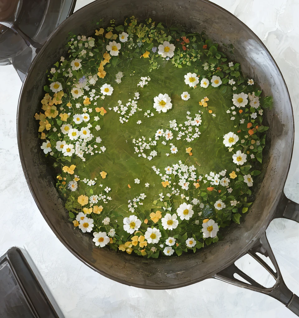 A pot of flowers with petals like a city, realistic, black background
