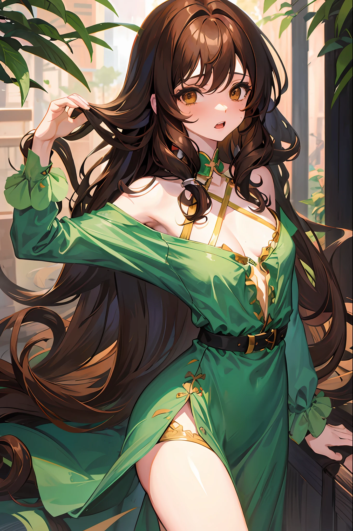 Tall, slim, anime girl, anime girl, one girl, brown hair, long hair, curly hair, brown long hair, brown curly hair, long curly hair, short dress, vulgar, moaning, sexy, position, green dress, forest, best quality, best drawing