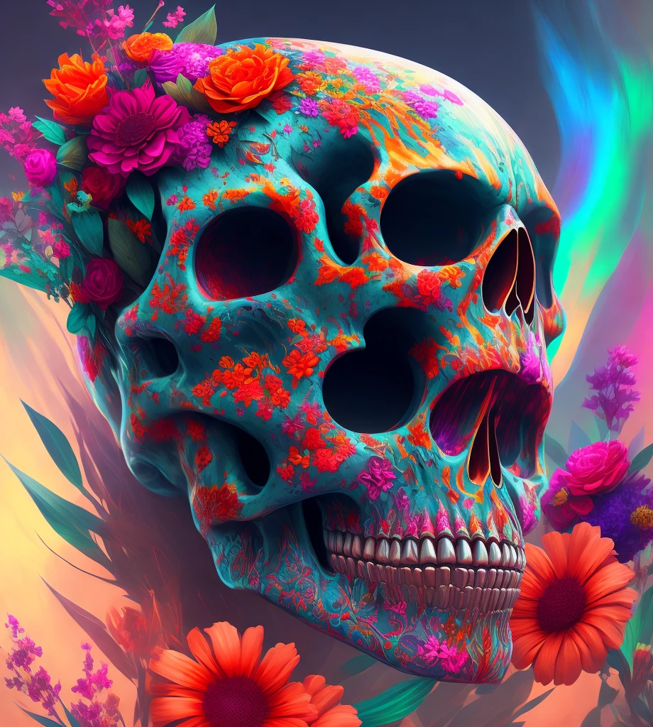 Mexican skull, (((full body view))), Front view, Looking at camera, High definition, 8k, High contrast, Vivid colors, At night, Cinematic composition, Extremely detailed, Hyper detailed, Intricately detailed, Realistic details , Moody , Digital Painting, Concept Art, Sharp Focus, Ultra Realistic, High Resolution, Incredibly Detailed, 4K Digital Art, Day of the Dead Inspiration, Vibrant Colors, Floral Details, Highly Detailed, Digital Painting, Artstation, Trends, by nacho diaz , intricate shading, smooth blending, artistic and intricate design.
