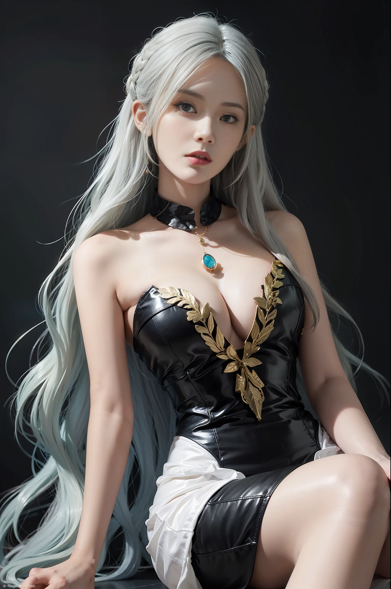 (In the Dark: 1.6), surreal female portrait by David Hockney and Alphonse Mucha, fantasy art, photorealism, dynamic lighting, artstation, poster, volumetric lighting, very detailed faces, 4k, award winning, 1girl, in the dark, deep shadow, low key, (official costume: 1.4), long hair, white hair, bust, library,