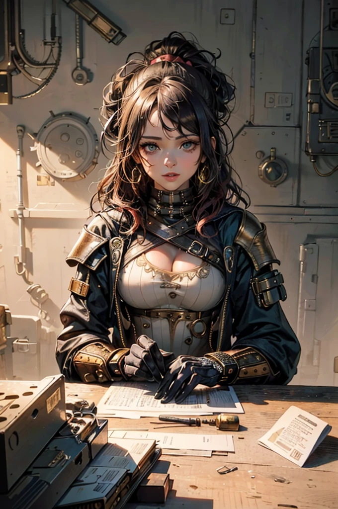 (1girl:1.3), looking at viewer, (steampunk suit, Maven, big natural sagging breast ,cleavage, marked cameltoe,Toned, Round Face, Olive Skin, Brunette Hair, Blue Eyes, Wide Nose, Full Lips, Receding Chin, Long Hair, Straight Hair, Wavy Updo, soft breasts, Threader earrings, golden, matte lipstick, Dystopian steampunk metropolis),(masterpiece, best quality, detailed shiny skin:1.2), flawless, 8k, RAW, highres,absurdres,