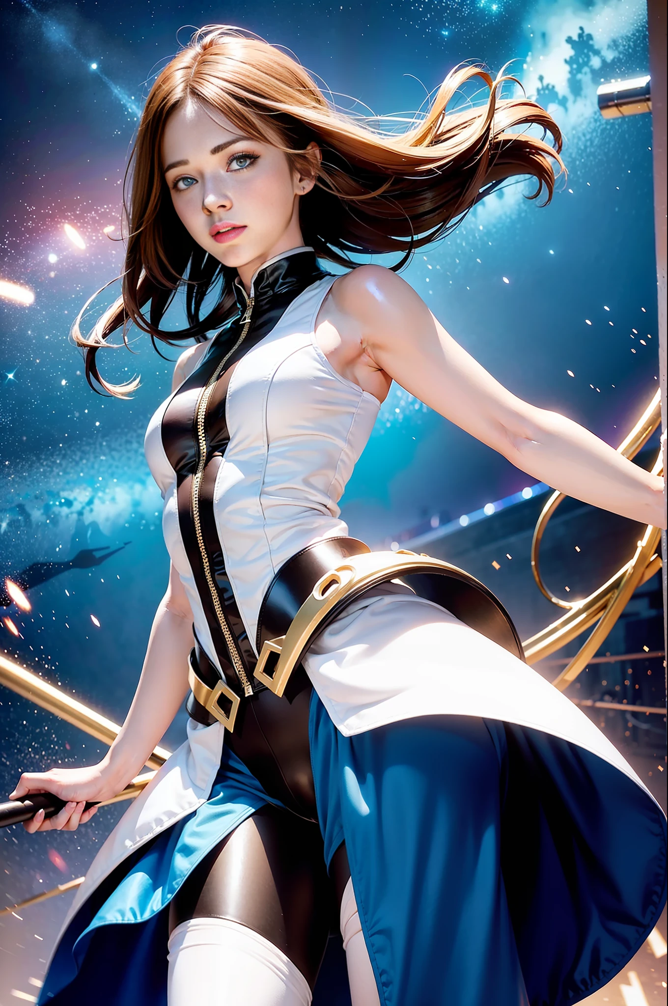 1girl, solo, light blue eyes, brown hair, holding a crossbow, (HP: 1), running under the starry sky, full body, white|infrared suit, dullyarts, dust background details, eye details, (Tomorrow's Ark\), (realism: 1.4), official art, unreal 8k wallpaper, super detailed, beautiful and beautiful, masterpiece, best quality, (dynamic angle: 1.4), (floating colorful sparks: 1.2), AND ((the most beautiful chaos form)), elegance, bright colors, romanticism,