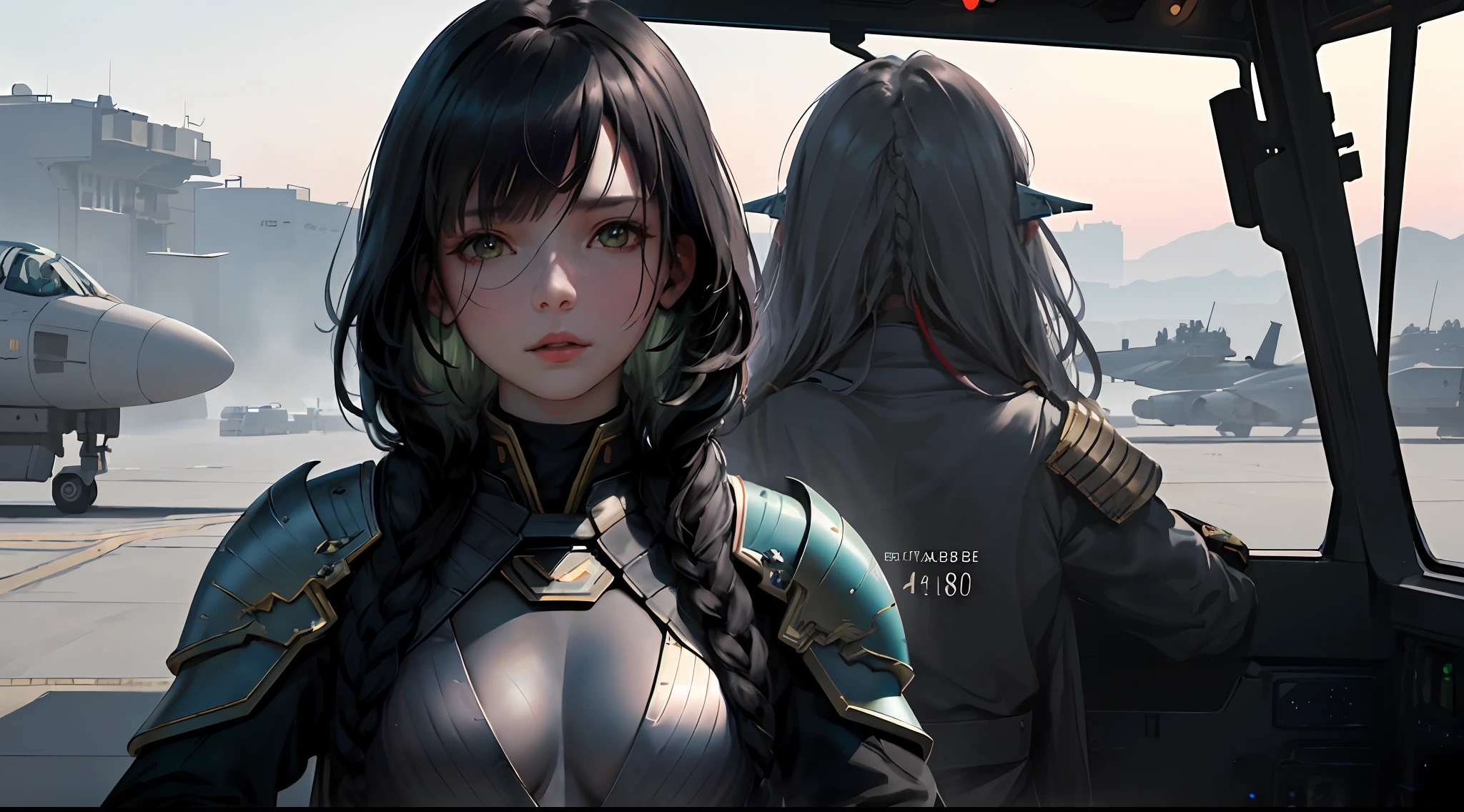 Masterpiece, realistic, sci-fi science fiction, beautiful eyes, realistic sci-fi movies, the most realistic facial details, CG Face decoration, realistic, in a single shot, detailed fighter, (Ref. Democratic Commander uniform reference: 1.8), realistic high-tech fighter, cinematic camera angles, most realistic shade, detailed environment, ( beautiful CG :1.4 ),Standing on a flying aircraft carrier,Realistic hair detail,Fantastic shadows,Tonal coverage,Beautiful colors,Woman,adult,short,small breasts,26 years old,dark green eyes. ,Purple-black hair,(two braids in the back, straight bangs in the front), red glasses, showing a solemn expression.