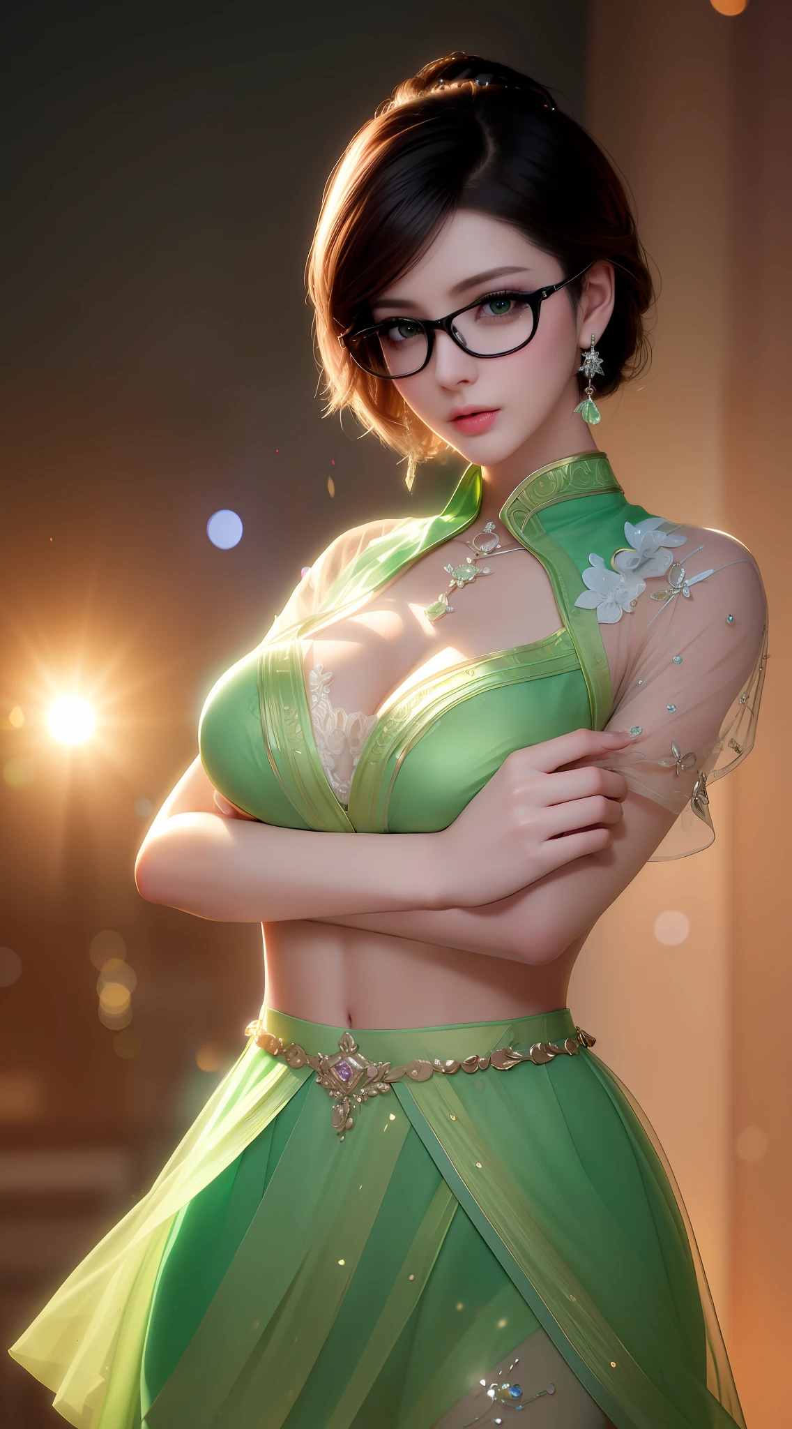 mutual woman, top quality, masterpiece, high resolution, 1girl, black short hair: 1.2, formal attire, medium skirt, jaket, beautiful face with glasses, glasses, tyndall effect, photorealistic, dark studio, rim lighting, two-tone lighting, (high detail Skin:1.2), 8k uhd , DSLR, soft lighting, candid, bokeh, light pink lips, masterpiece, high quality shadows, high detail, beautiful detail, fine detail, extremely detailed cg, detailed texture, realistic face expression, Realistic, Colorful, Delicate, Cinematic Light, Side Lighting, Lens Flare, Ray Tracing, Sharp Focus, (Intricate Detail, Makeup, (Detailed Beautiful Delicate Face, Light Green Eyes, Perfect Face Proportion, High Detail Skin, Best Proportion Four Fingers) Oversized thumbs, arms under the chest, smooth skin