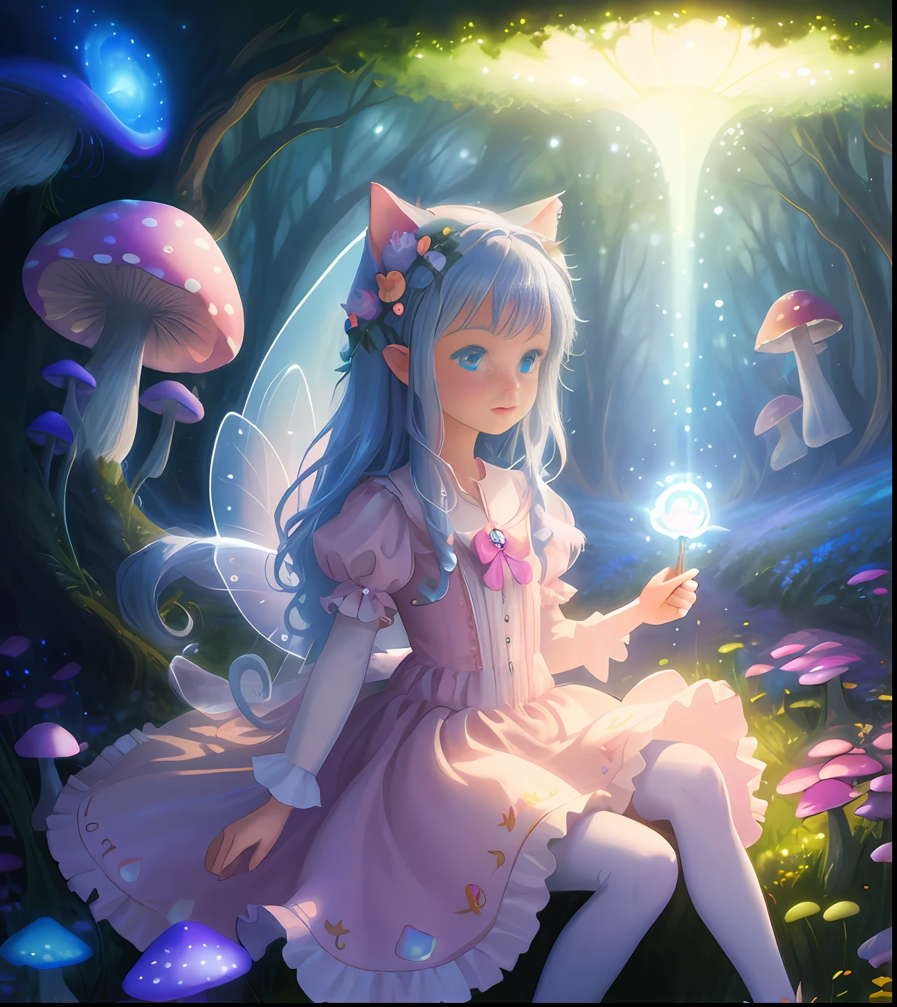 High quality, high definition, detailed drawing, light bloom, 1girl, cartoon cat in a fairy dress with a shining wand in a mushroom field, beautiful glowing blue eyes, perfect fingers, Beeple and Jeremiah Kettner, adorable Digital painting, get lost in a dreamy fairy landscape, cute detailed digital art, fantasy matte painting, cute, concept art magical highlights, magical world. Colorful and cute digital art, fairy atmosphere, dreamy digital painting, so magical and dreamy