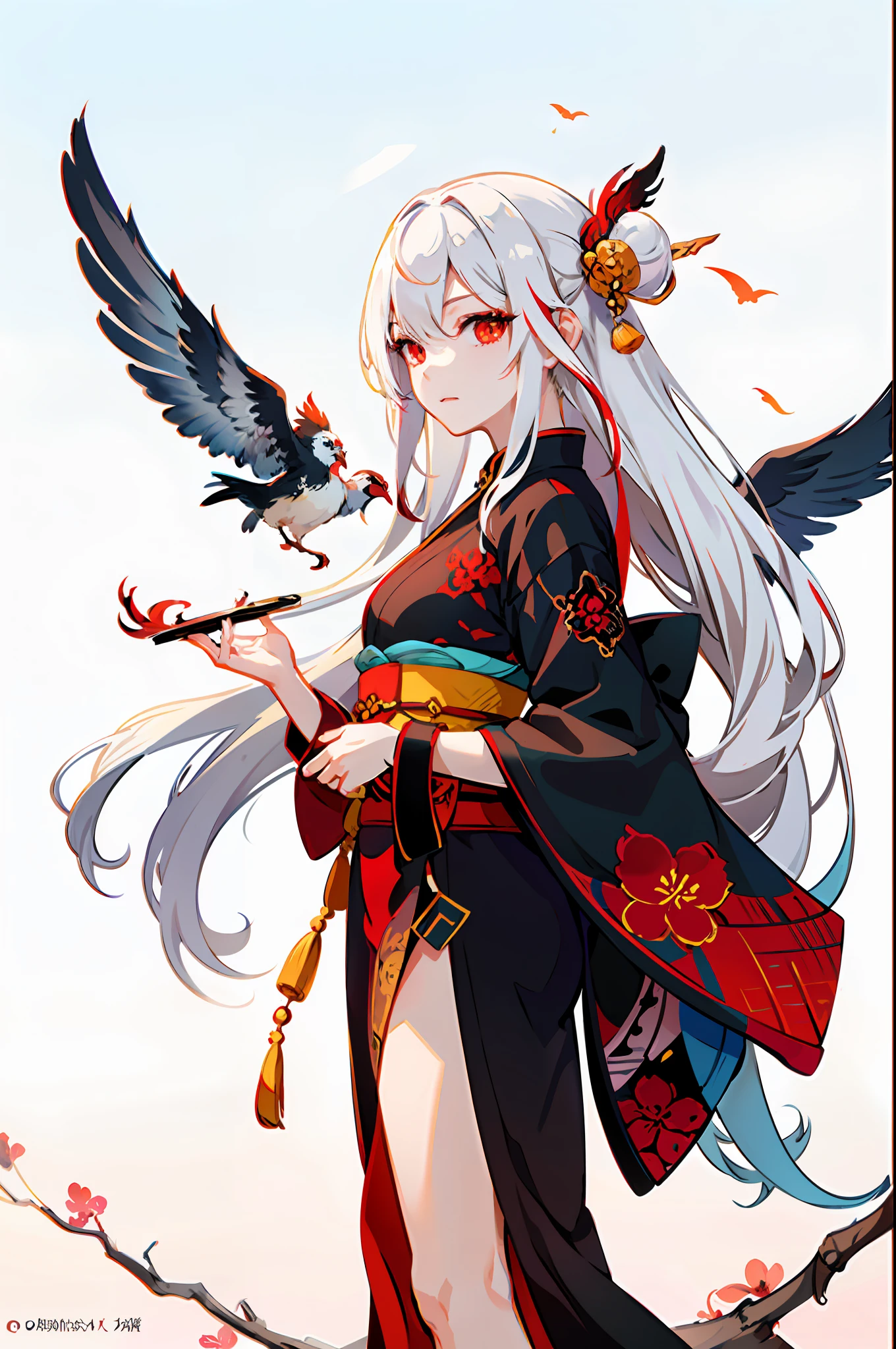 (masterpiece), (best quality),(illustration), looking at viewer,colorful,from side,((chinese colorful ink)),flat color,(phoenix:1.5,bird:1.3),sunset, standing on a building,

(1girl:1.2),detailed long white hair + red eyes,detailed face,full body, (white hair:1.4), (mole under eye:0.9), squinting,eyeshadow, hair ornament, small breasts,((kimono)), cold face,long floating hair,,hair over one eye\\,

(portrait),((ink splashing)),((chinese colorful ink)), ((Chinese color ink painting style))

upper body,(white hair +red eyes),(cute face:0.95),(detailed beautiful face:0.95),colorful painting,

(Floating),(Amazing),(Absurd),((sharp focus)), ((extremely detailed)), ((high saturation)),((surrounded by color ink splashes)),((extremely detailed body)),((colorful))