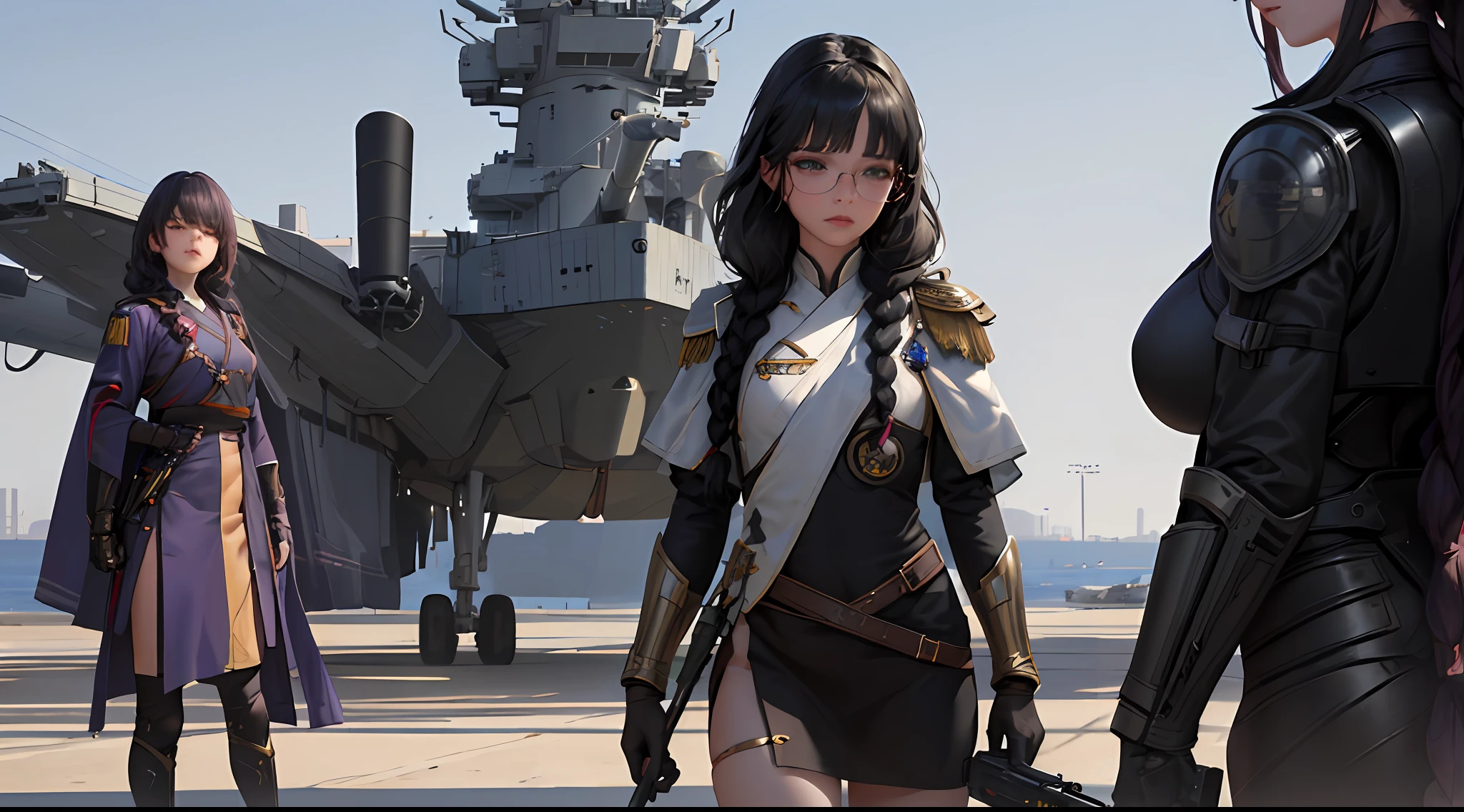 Masterpiece, realistic, sci-fi science fiction, beautiful eyes, realistic sci-fi movies, the most realistic facial details, CG Face decoration, realistic, in a single shot, detailed fighter, (Ref. Democratic Commander uniform reference: 1.8), realistic high-tech fighter, cinematic camera angles, most realistic shade, detailed environment, ( beautiful CG :1.4 ), Dressed in formal and modest attire, standing on an aircraft carrier in the sky, realistic hair details, great shadows, tonal coverage, beautiful colors, woman, adult, short stature, small chest, age. 26 , dark green eyes , purple black hair , ( two braids in the back , straight bangs ) , red glasses , showing a solemn expression .