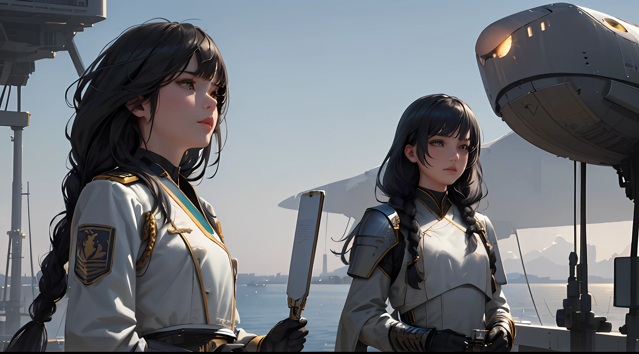 Masterpiece, realistic, sci-fi science fiction, beautiful eyes, realistic sci-fi movies, the most realistic facial details, CG Face decoration, realistic, in a single shot, detailed fighter, (Ref. Democratic Commander uniform reference: 1.8), realistic high-tech fighter, cinematic camera angles, most realistic shade, detailed environment, ( beautiful CG :1.4 ), Dressed in formal and modest attire, standing on an aircraft carrier in the sky, realistic hair details, great shadows, tonal coverage, beautiful colors, woman, adult, short stature, small chest, age. 26 , dark green eyes , purple black hair , ( two braids in the back , straight bangs ) , red glasses , showing a solemn expression .