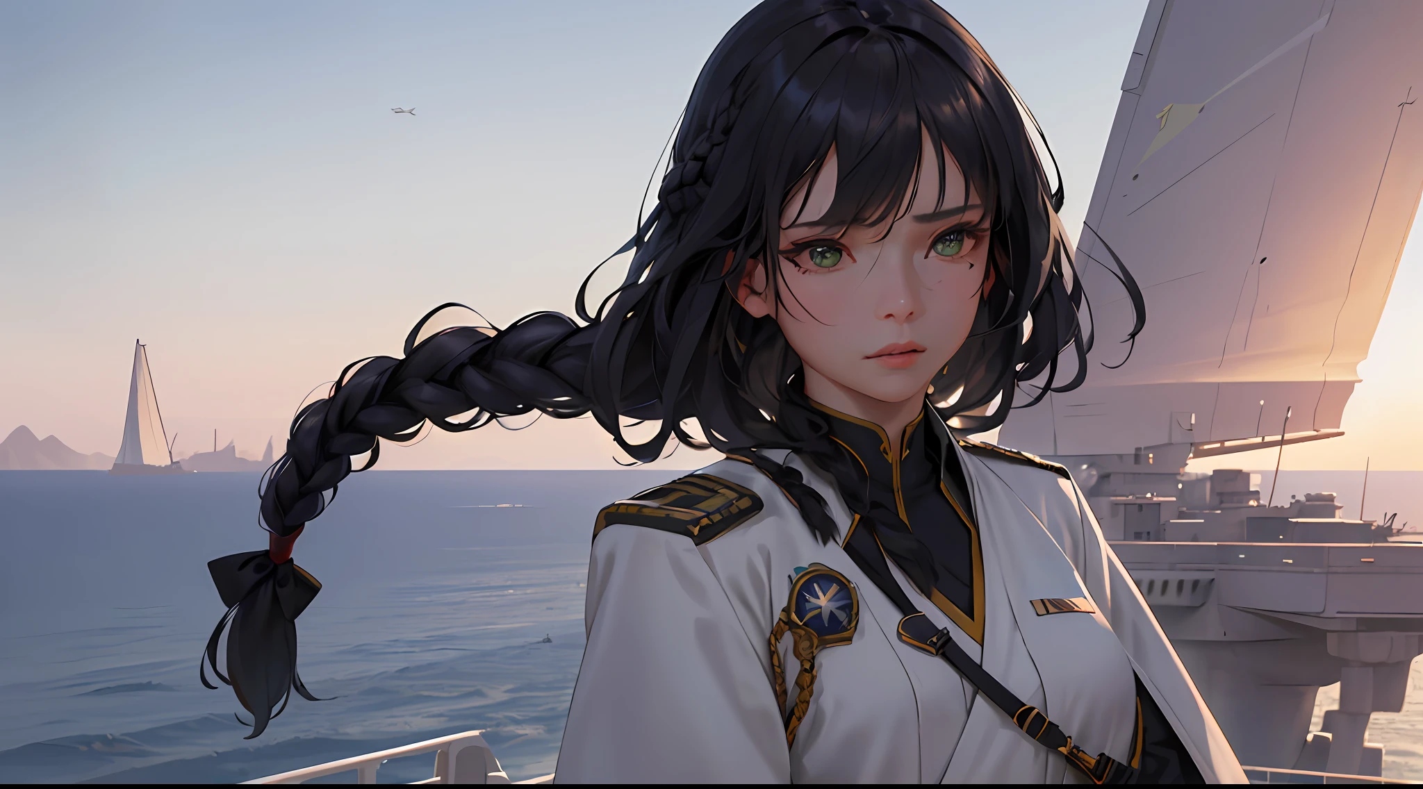 Masterpiece, realistic, sci-fi science fiction, beautiful eyes, realistic sci-fi movies, the most realistic facial details, CG Face decoration, realistic, in a single shot, detailed fighter, (Ref. Democratic Commander uniform reference: 1.8), realistic high-tech fighter, cinematic camera angles, most realistic shade, detailed environment, ( beautiful CG :1.4 ), Dressed in formal and modest attire, standing on an aircraft carrier in the sky, realistic hair details, great shadows, tonal coverage, beautiful colors, woman, adult, short stature, small chest, age. 26 , dark green eyes , purple black hair , ( two braids in the back , straight bangs ) , red glasses , showing a solemn expression .