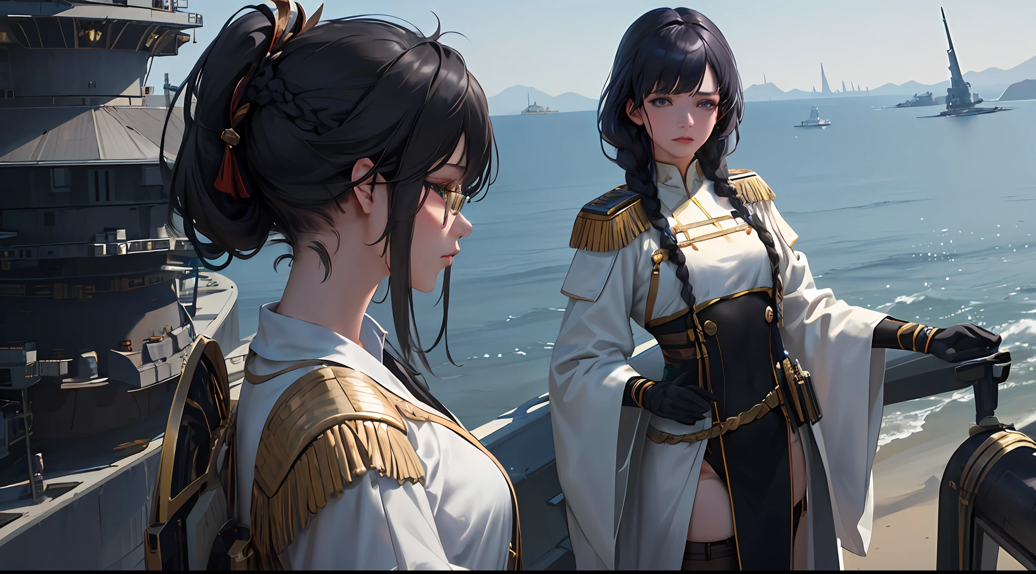 Masterpiece, realistic, sci-fi science fiction, beautiful eyes, realistic sci-fi movies, the most realistic facial details, CG Face decoration, realistic, in a single shot, detailed fighter, (Ref. Democratic Commander uniform reference: 1.8), realistic high-tech fighter, cinematic camera angles, most realistic shade, detailed environment, ( beautiful CG :1.4 ), Dressed in formal and modest attire, standing on an aircraft carrier in the sky, realistic hair details, great shadows, tonal coverage, beautiful colors, woman, adult, short stature, small chest, age. 26 , dark green eyes , purple black hair , ( two braids in the back , straight bangs ) , red glasses , showing a solemn expression .