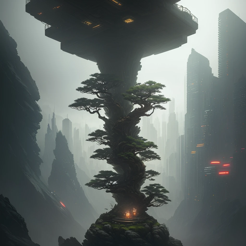 abstract colors, texture, film grain, skin pores:0.2 (tilt shift photography)1.2, intricate dramatic portrait of a beautiful (windblown)1.2 scifi steampunk (medieval fantasy magical bonsai tree)1.2 on top of a rocky mountain overlooking a futuristic (solarpunk)1.2 city, foggy morning, cinematic movie still frame, blade runner 2049, punk hair style, altered carbon, (analog style)1.3 (film grain)1.3, stephan martiniere Wadim Kashin Simon Stalenhag michal karcz ismail inceoglu