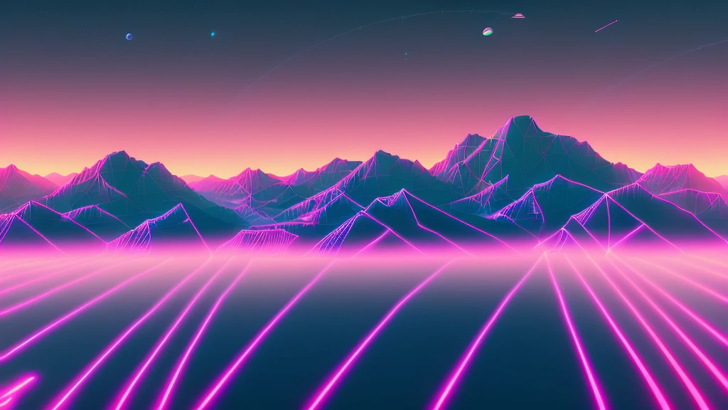 wireframe neon lines, (dark colors:1.2) with (lines polygonal mountain:1.2) in background, (saturn with ring behind the mountain:1.2), snthwve style wallpaper