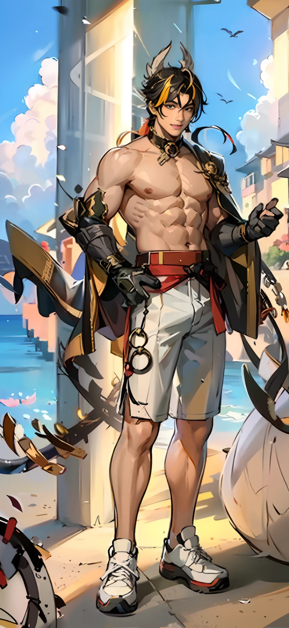 An image of a man in anime style, chong yue, full body martial arts, fairy hero, full body, abs, muscle, smile, white shorts, beach